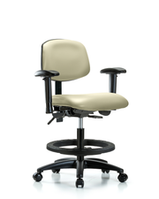 Rutledge Vinyl Chair - Medium Bench Height with Seat Tilt, Adjustable Arms, Black Foot Ring, & Casters in Adobe White Trailblazer Vinyl