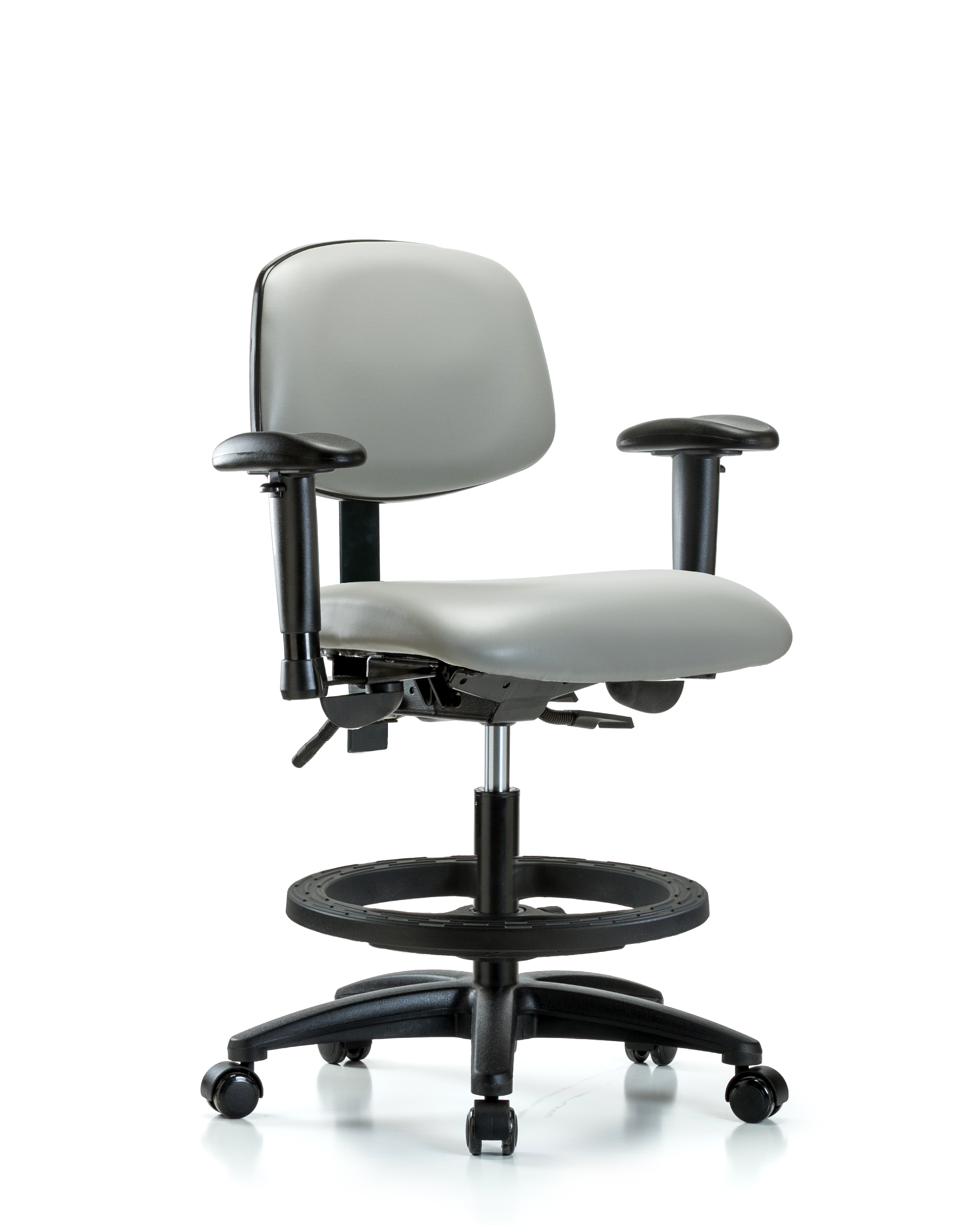 Rutledge Vinyl Chair - Medium Bench Height with Seat Tilt, Adjustable Arms, Black Foot Ring, & Casters in Dove Trailblazer Vinyl