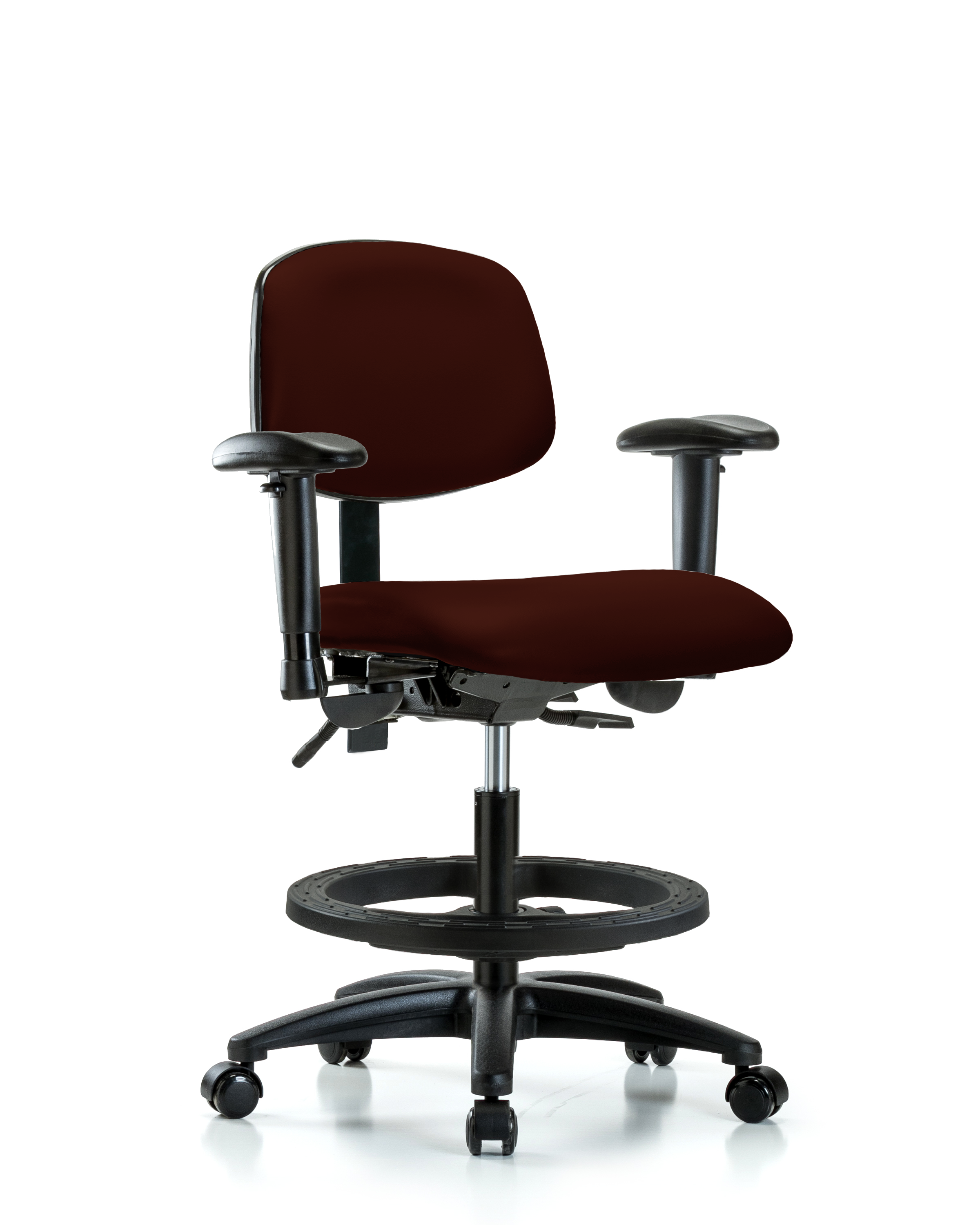 Rutledge Vinyl Chair - Medium Bench Height with Seat Tilt, Adjustable Arms, Black Foot Ring, & Casters in Burgundy Trailblazer Vinyl