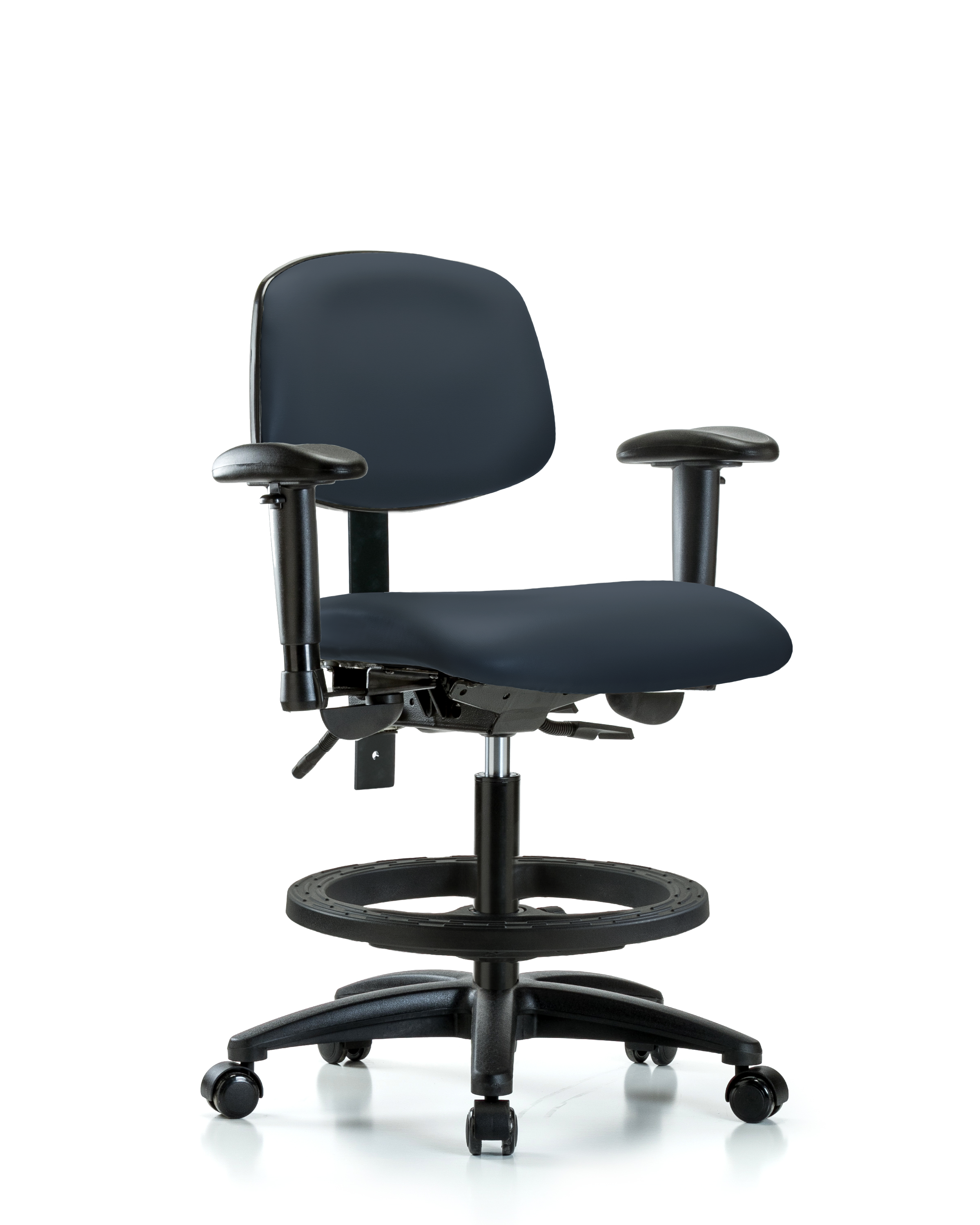 Rutledge Vinyl Chair - Medium Bench Height with Seat Tilt, Adjustable Arms, Black Foot Ring, & Casters in Imperial Blue Trailblazer Vinyl