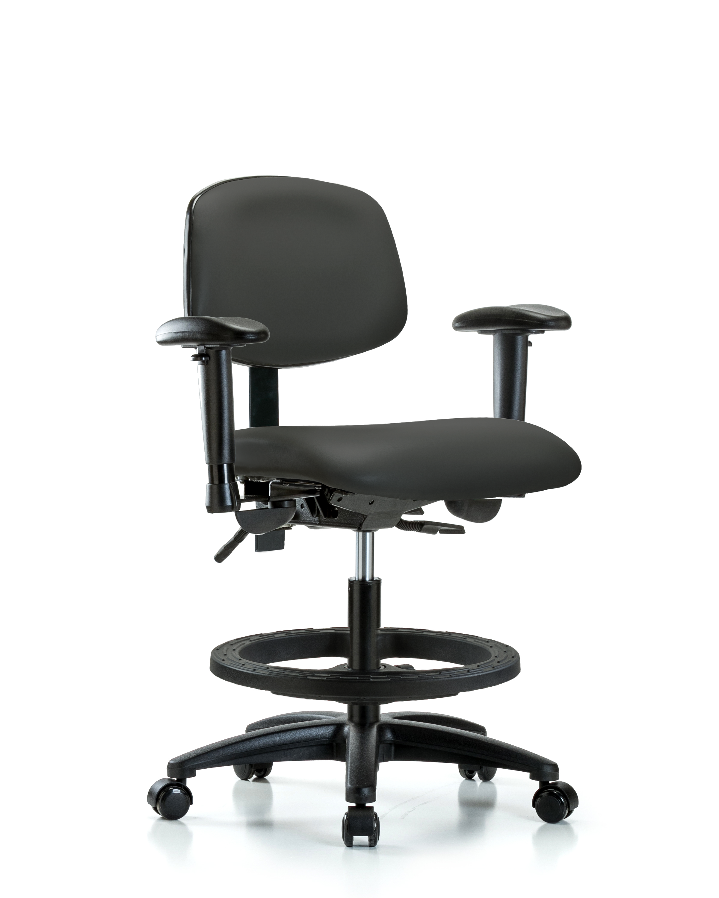 Rutledge Vinyl Chair - Medium Bench Height with Seat Tilt, Adjustable Arms, Black Foot Ring, & Casters in Charcoal Trailblazer Vinyl