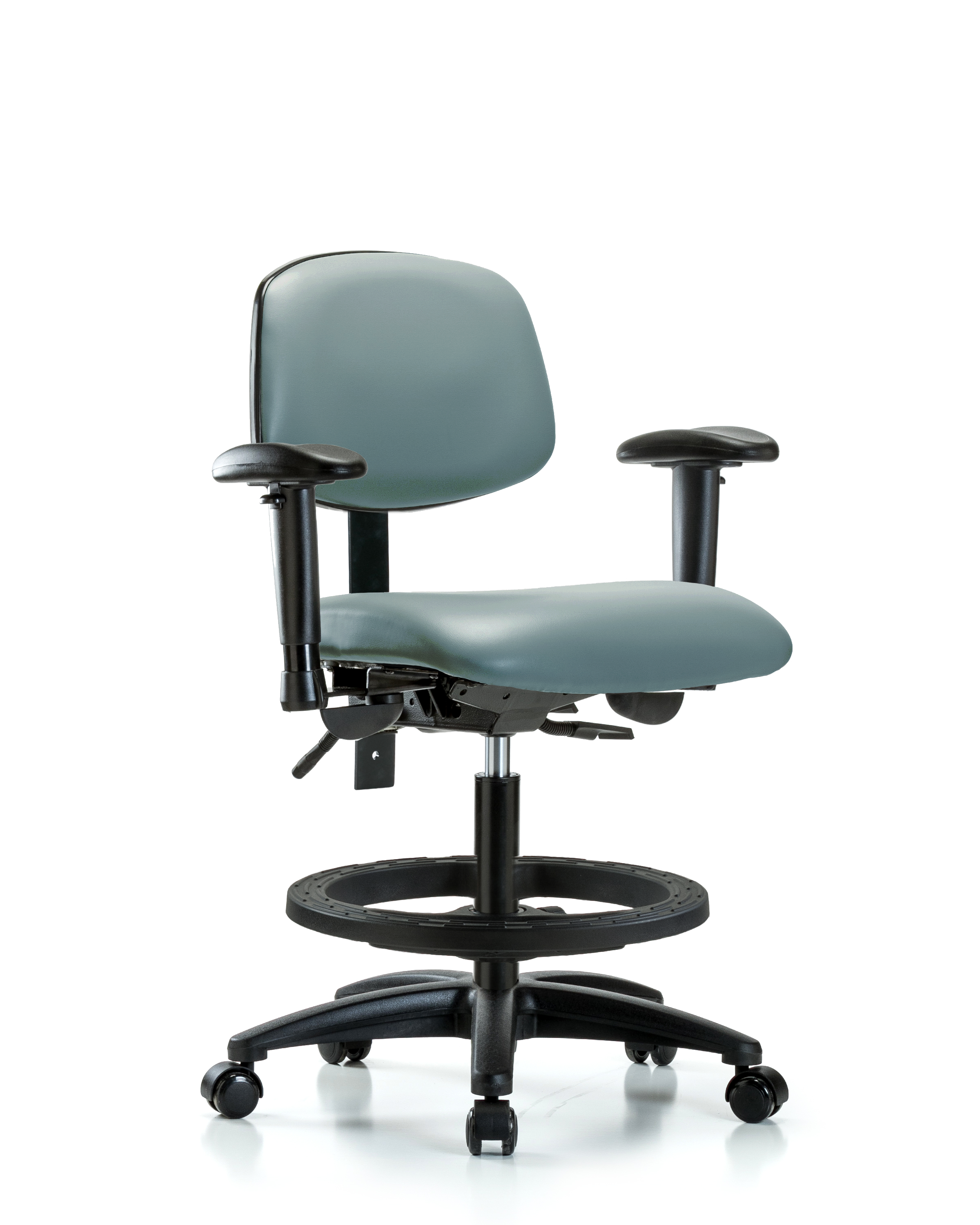 Rutledge Vinyl Chair - Medium Bench Height with Seat Tilt, Adjustable Arms, Black Foot Ring, & Casters in Storm Supernova Vinyl