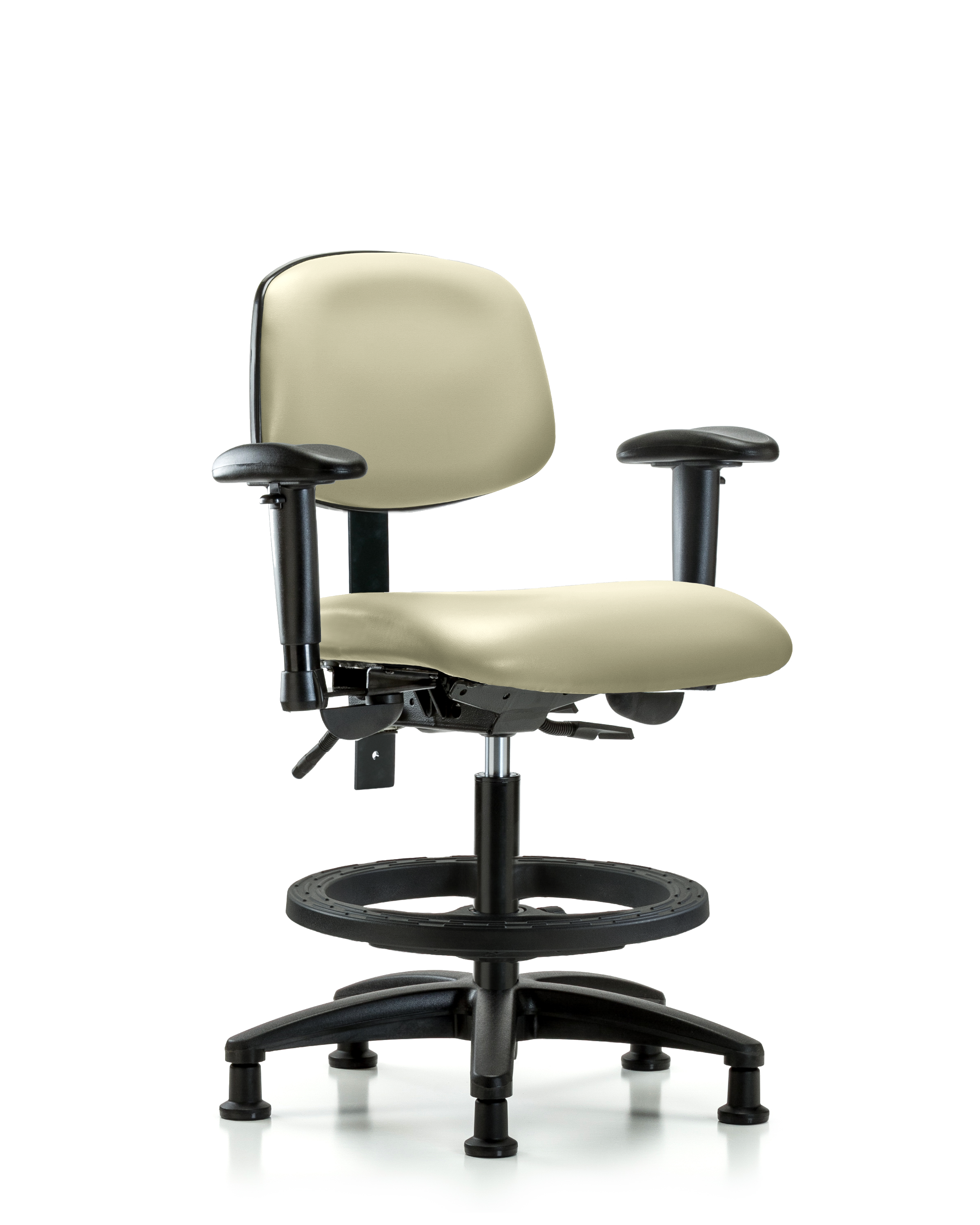 Rutledge Vinyl Chair - Medium Bench Height with Seat Tilt, Adjustable Arms, Black Foot Ring, & Stationary Glides in Adobe White Trailblazer Vinyl