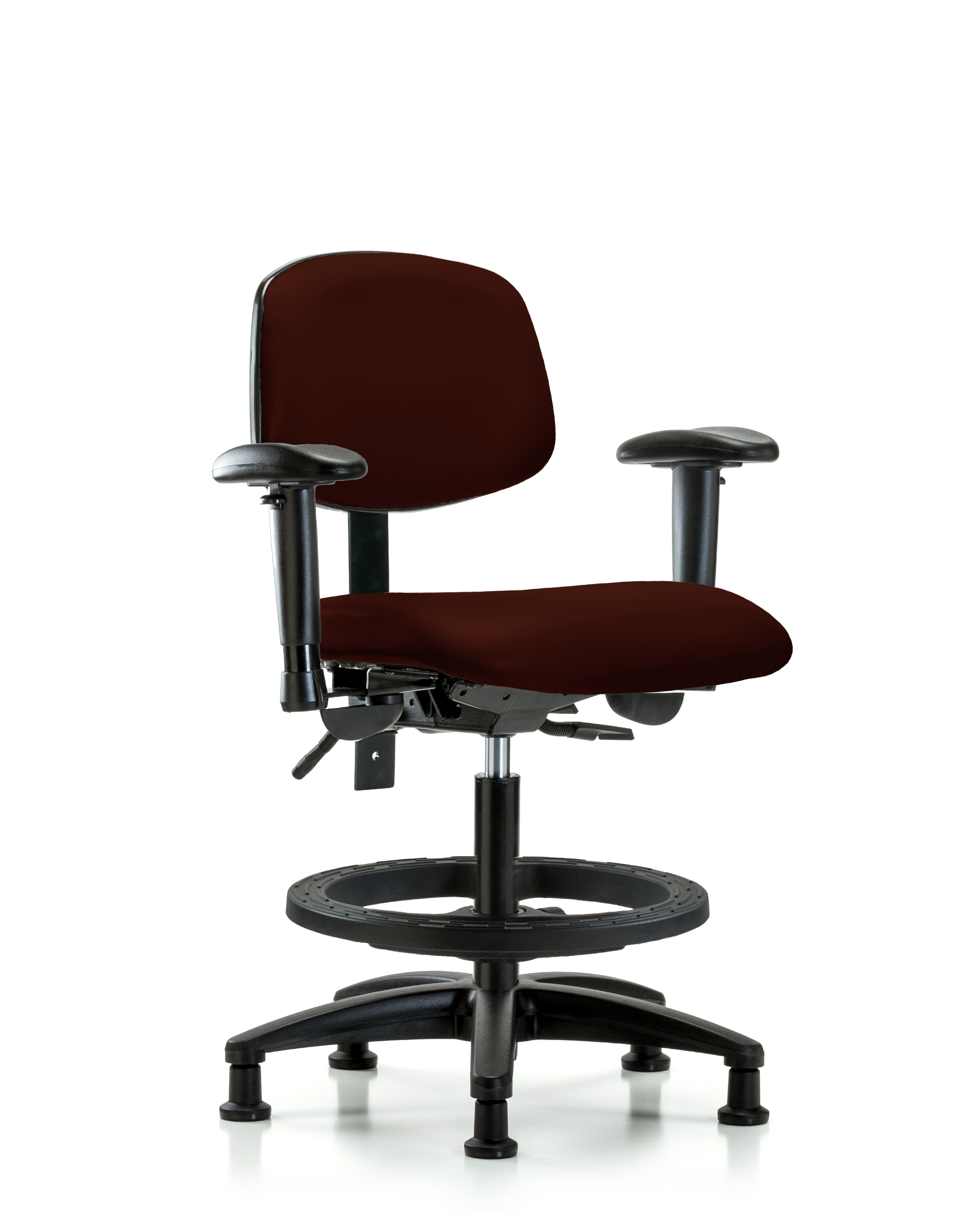 Rutledge Vinyl Chair - Medium Bench Height with Seat Tilt, Adjustable Arms, Black Foot Ring, & Stationary Glides in Burgundy Trailblazer Vinyl