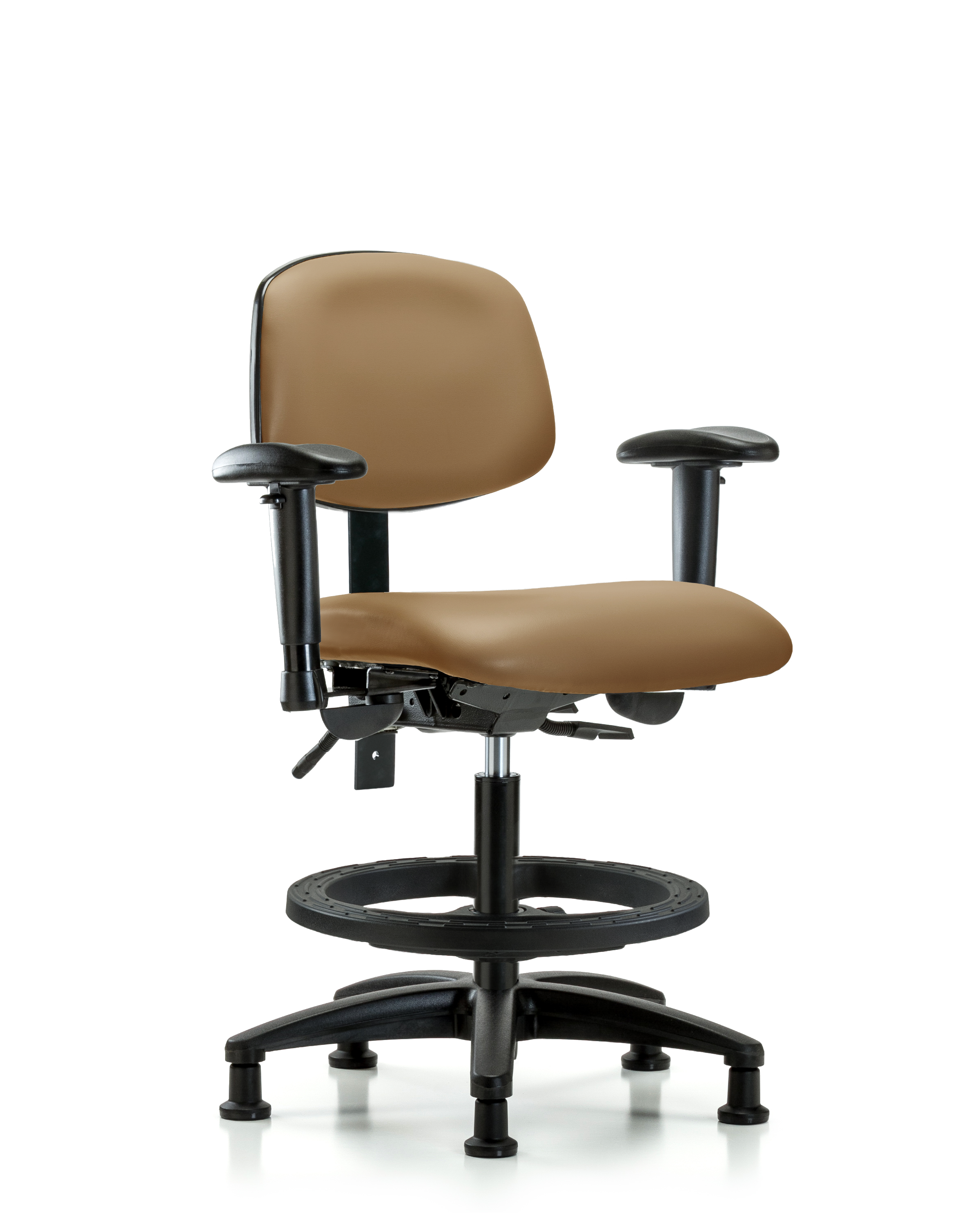 Rutledge Vinyl Chair - Medium Bench Height with Seat Tilt, Adjustable Arms, Black Foot Ring, & Stationary Glides in Taupe Trailblazer Vinyl