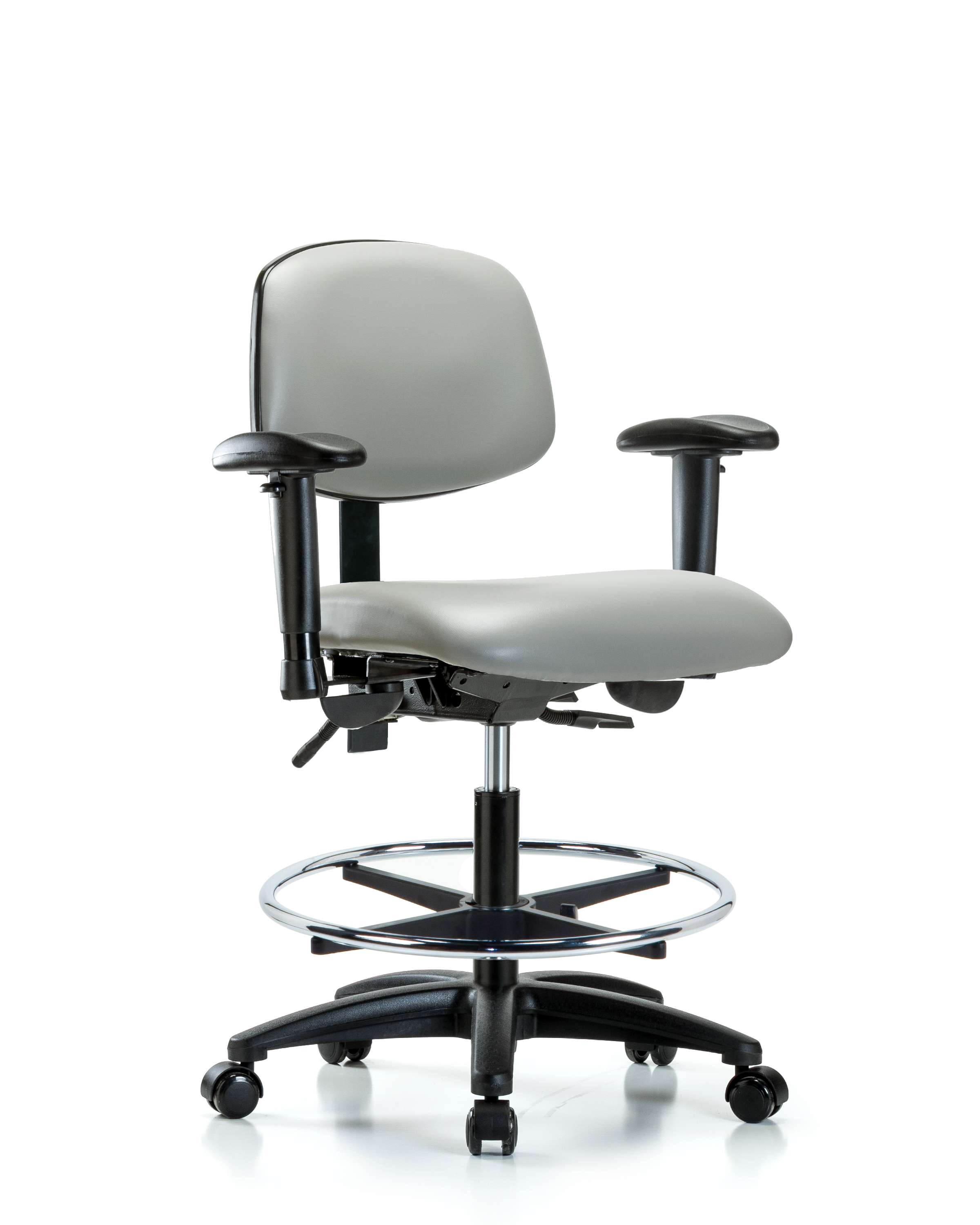 Rutledge Vinyl Chair - Medium Bench Height with Seat Tilt, Adjustable Arms, Chrome Foot Ring, & Casters in Dove Trailblazer Vinyl