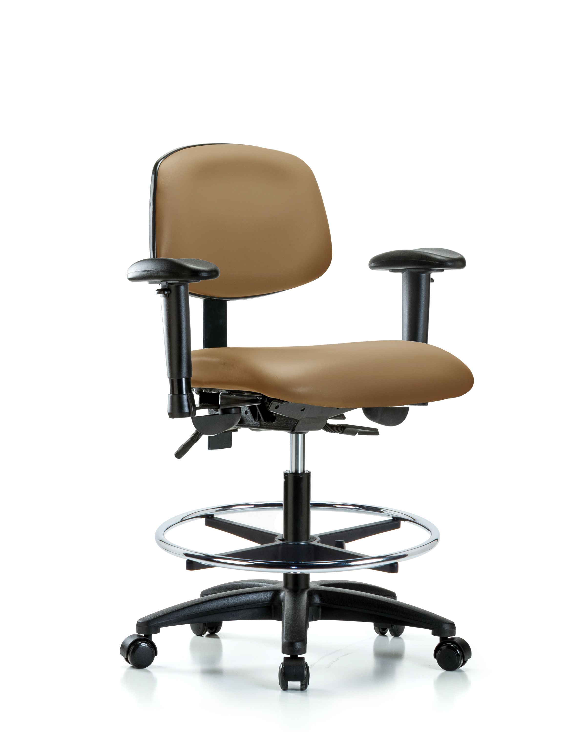 Rutledge Vinyl Chair - Medium Bench Height with Seat Tilt, Adjustable Arms, Chrome Foot Ring, & Casters in Taupe Trailblazer Vinyl