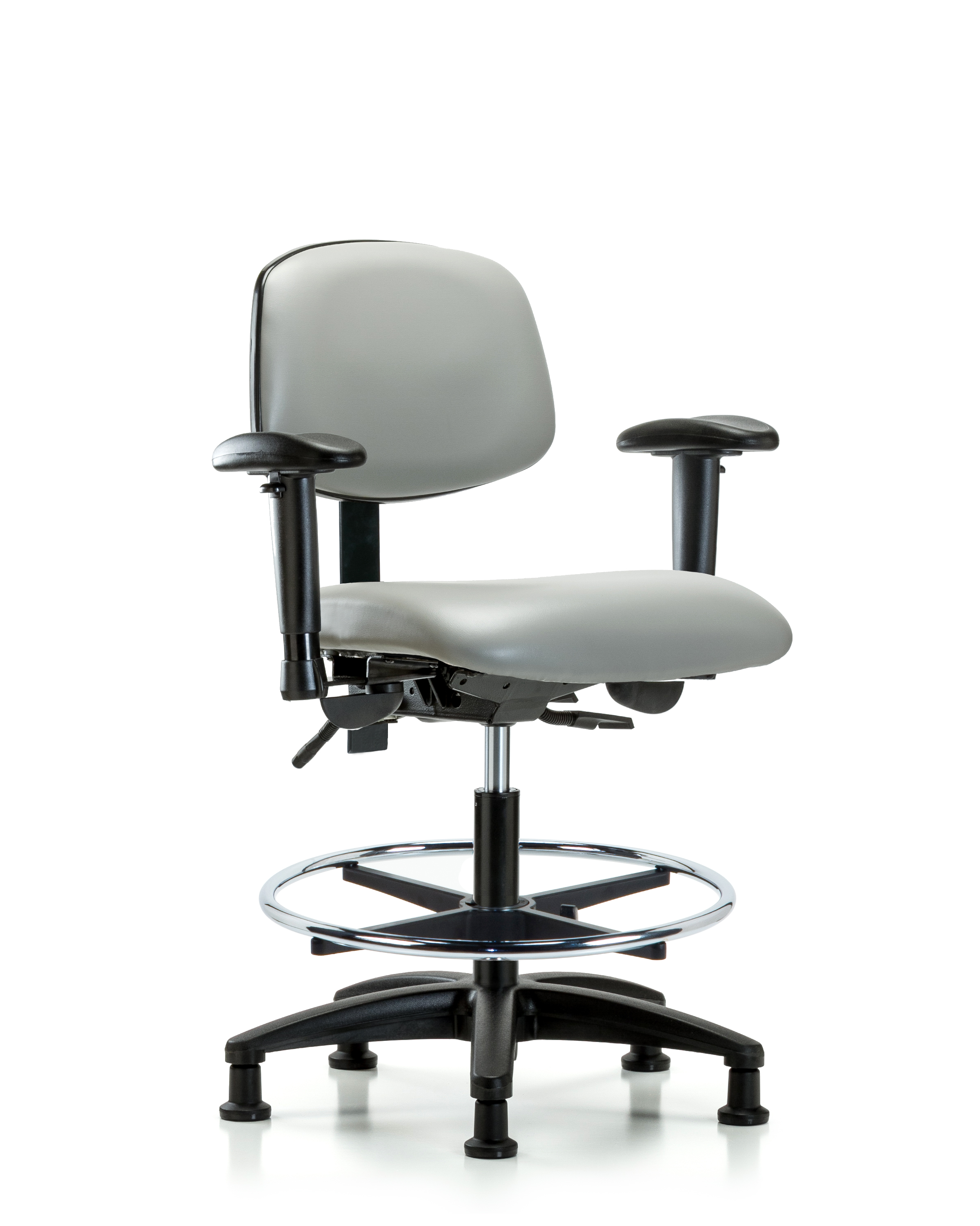 Rutledge Vinyl Chair - Medium Bench Height with Seat Tilt, Adjustable Arms, Chrome Foot Ring, & Stationary Glides in Dove Trailblazer Vinyl