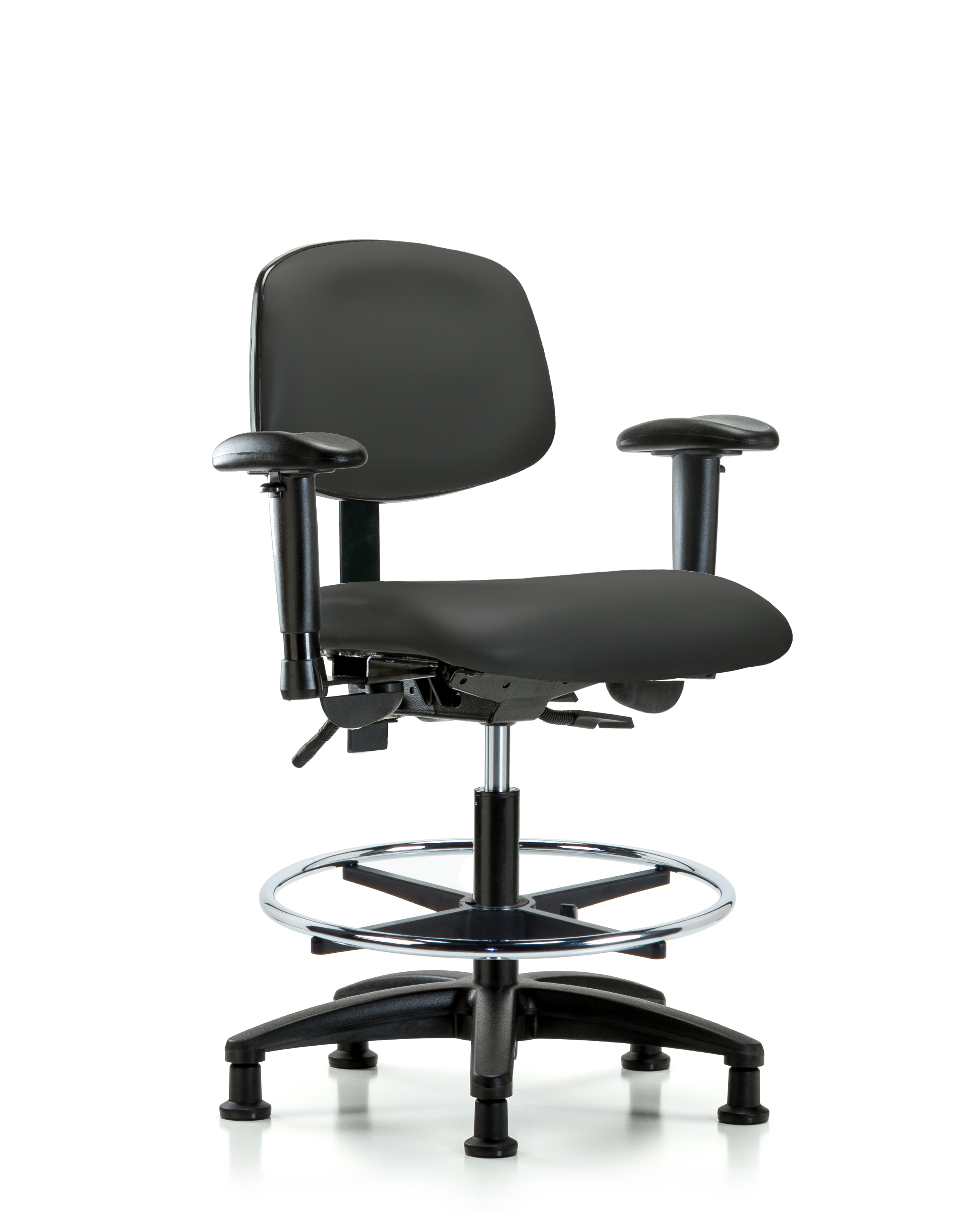 Rutledge Vinyl Chair - Medium Bench Height with Seat Tilt, Adjustable Arms, Chrome Foot Ring, & Stationary Glides in Charcoal Trailblazer Vinyl