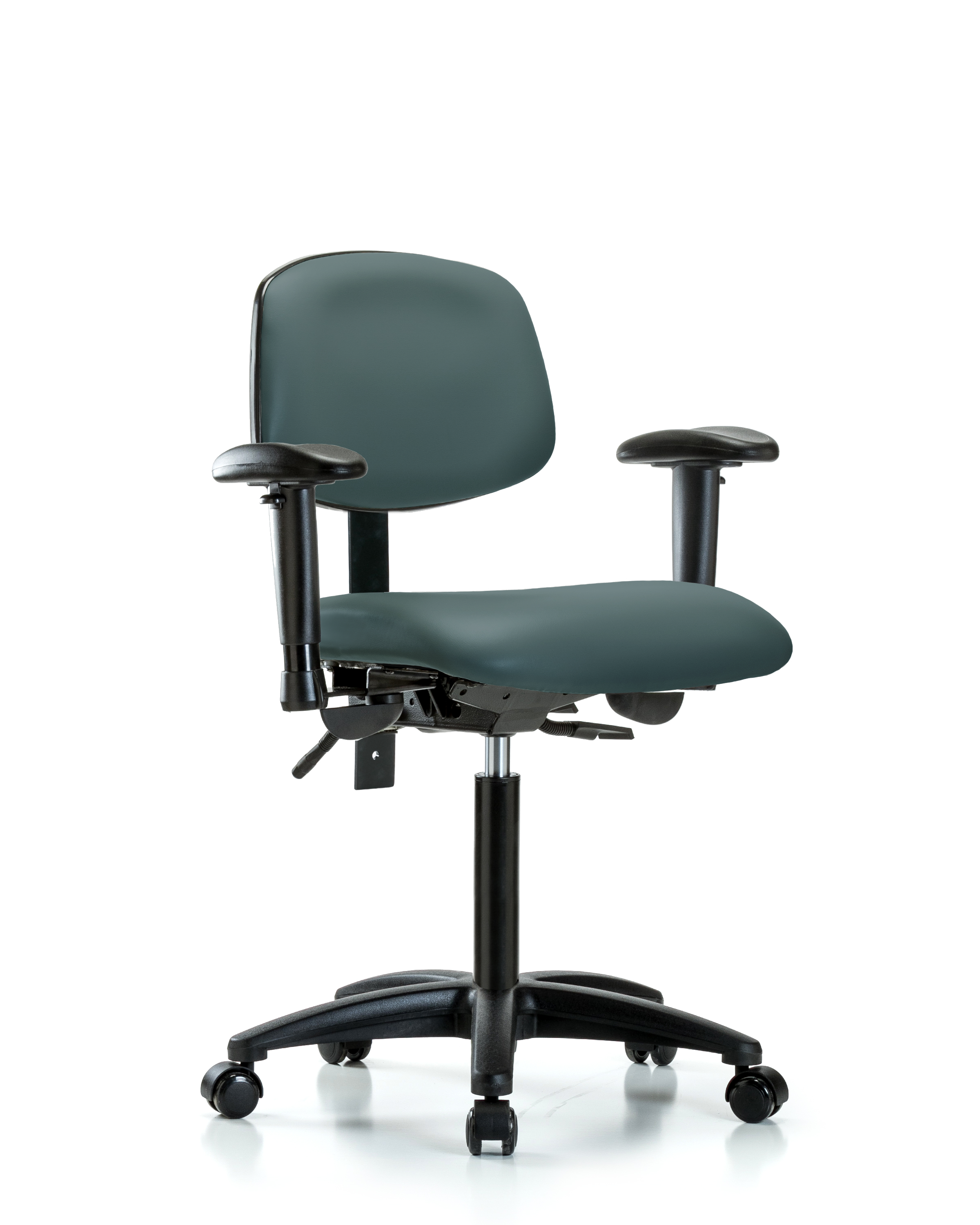 Rutledge Vinyl Chair - Medium Bench Height with Seat Tilt, Adjustable Arms, & Casters in Colonial Blue Trailblazer Vinyl