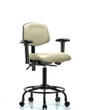 Rutledge Vinyl Chair - Medium Bench Height with Round Tube Base, Adjustable Arms, & Casters in Adobe White Trailblazer Vinyl