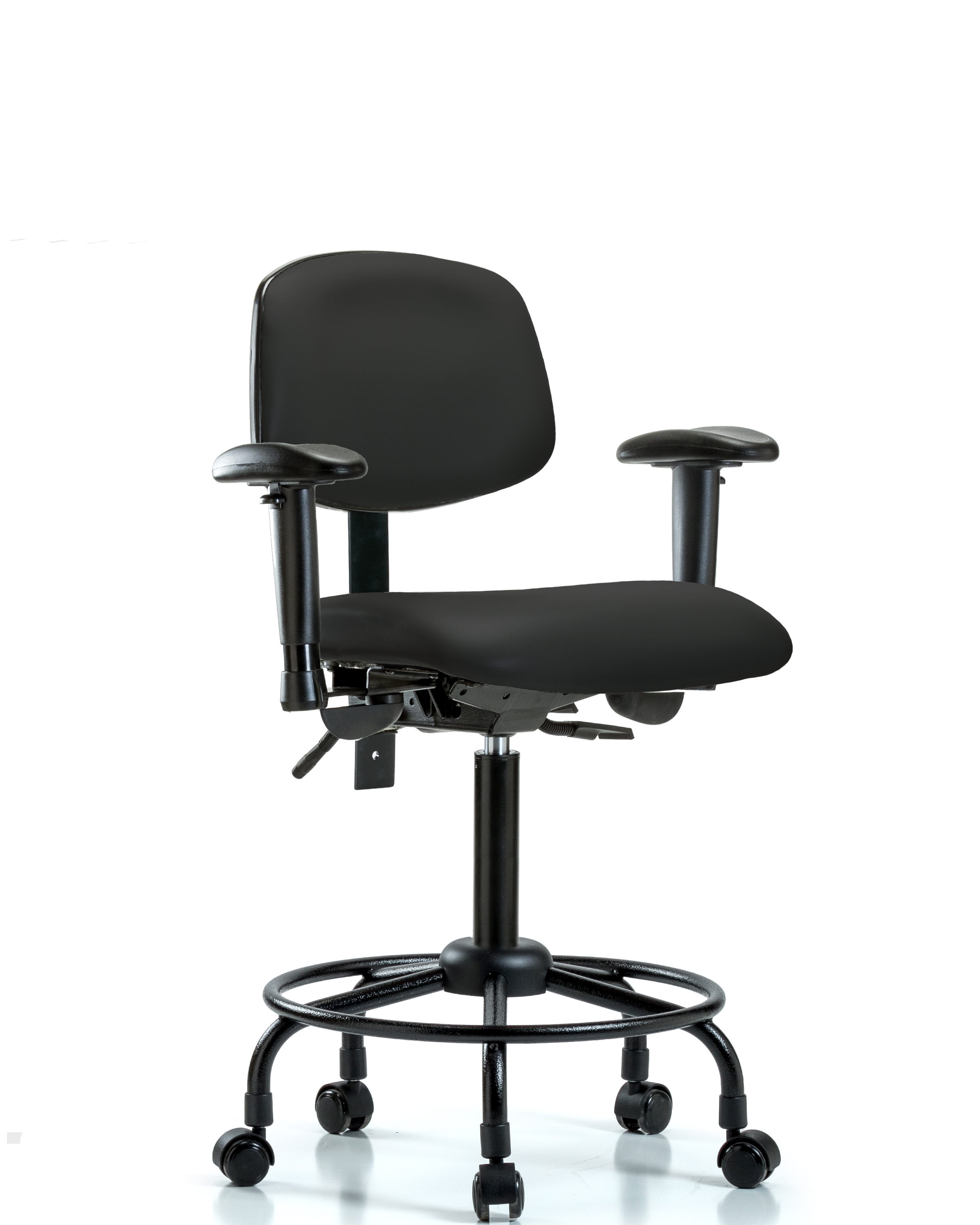 Rutledge Vinyl Chair - Medium Bench Height with Round Tube Base, Adjustable Arms, & Casters in Black Trailblazer Vinyl