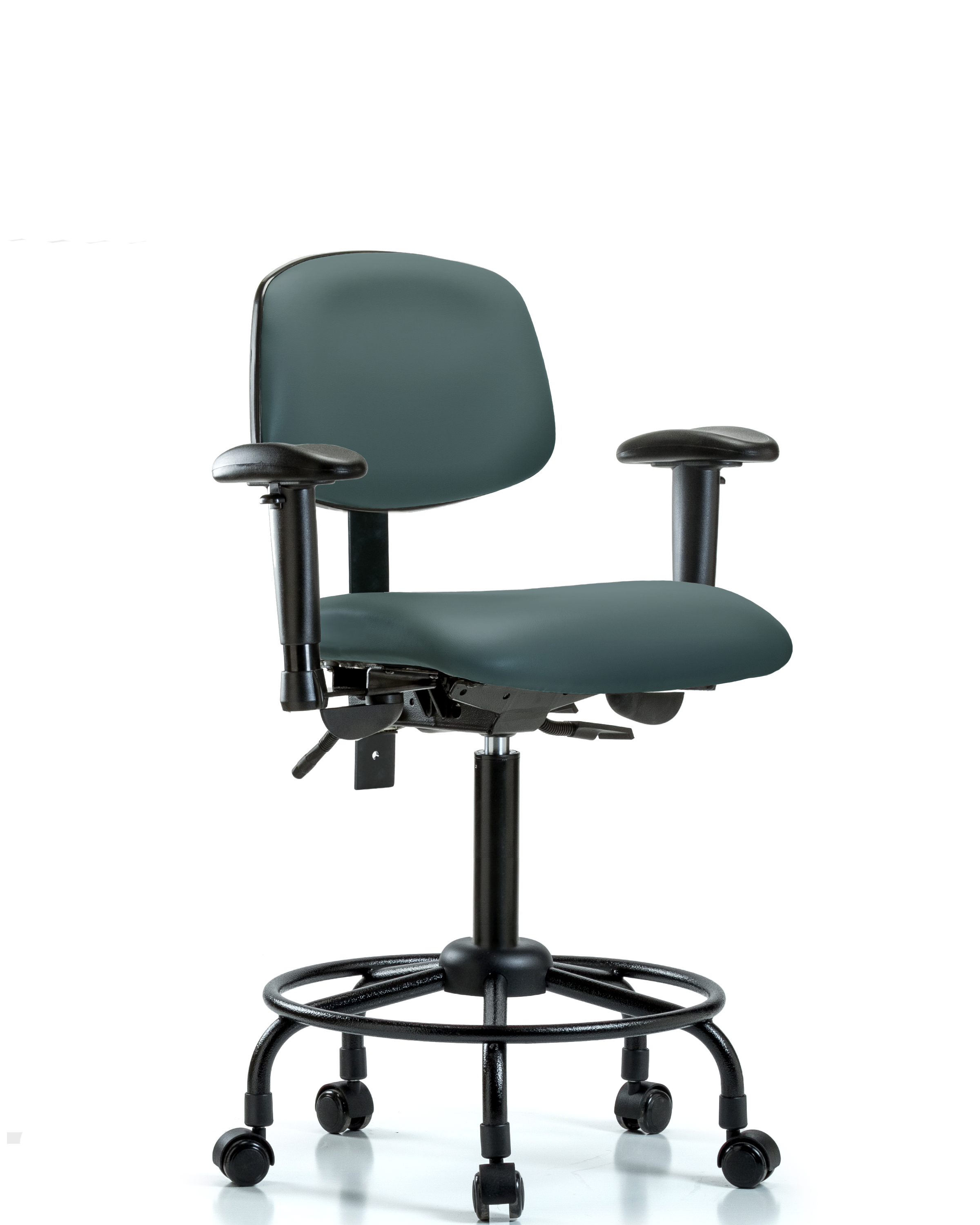 Rutledge Vinyl Chair - Medium Bench Height with Round Tube Base, Adjustable Arms, & Casters in Colonial Blue Trailblazer Vinyl