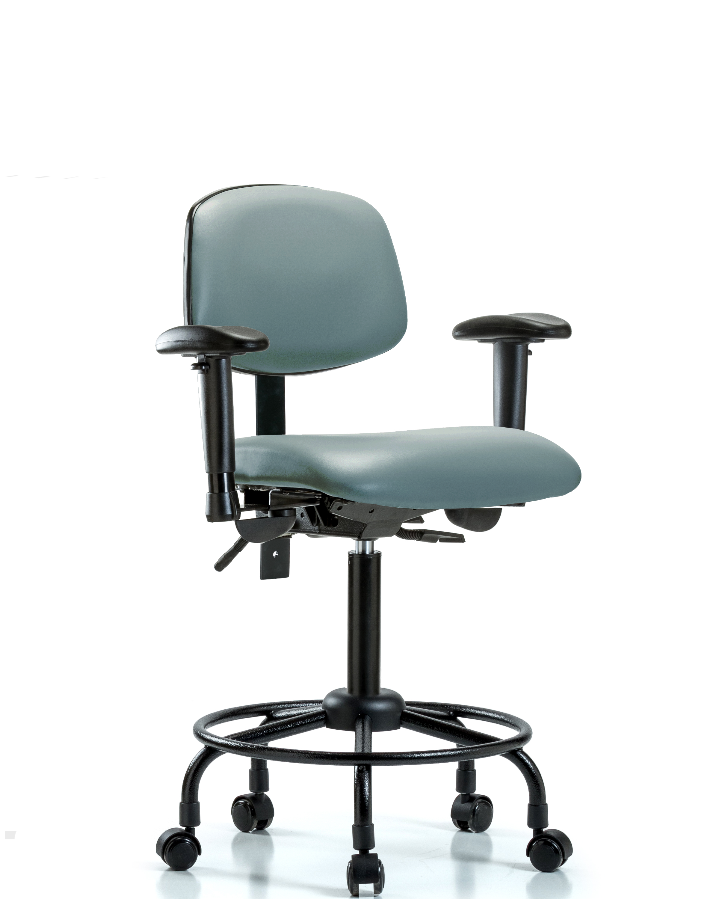 Rutledge Vinyl Chair - Medium Bench Height with Round Tube Base, Adjustable Arms, & Casters in Storm Supernova Vinyl
