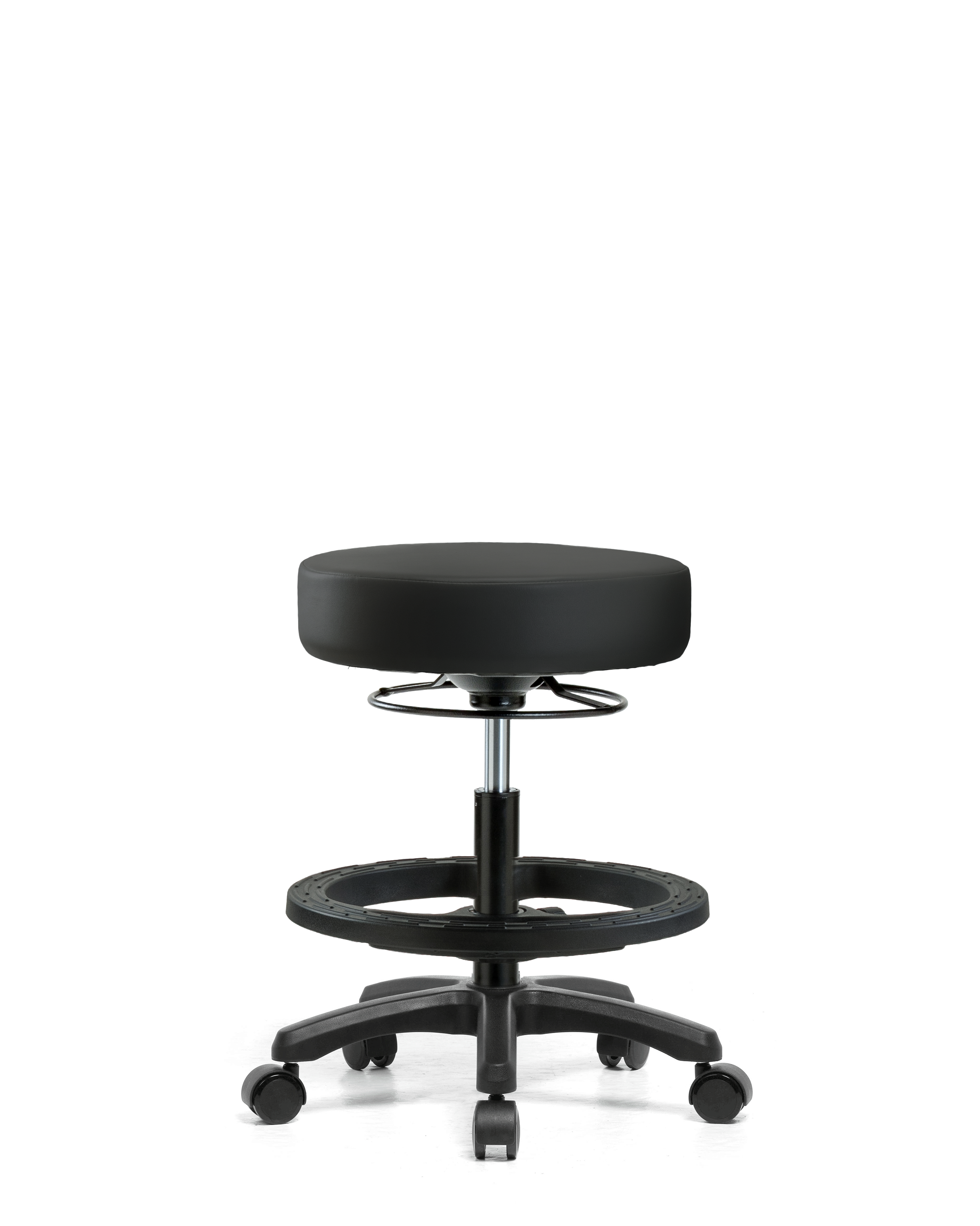 Vinyl Mini-Stool - Medium Bench Height with Black Foot Ring & Casters in Black Trailblazer Vinyl