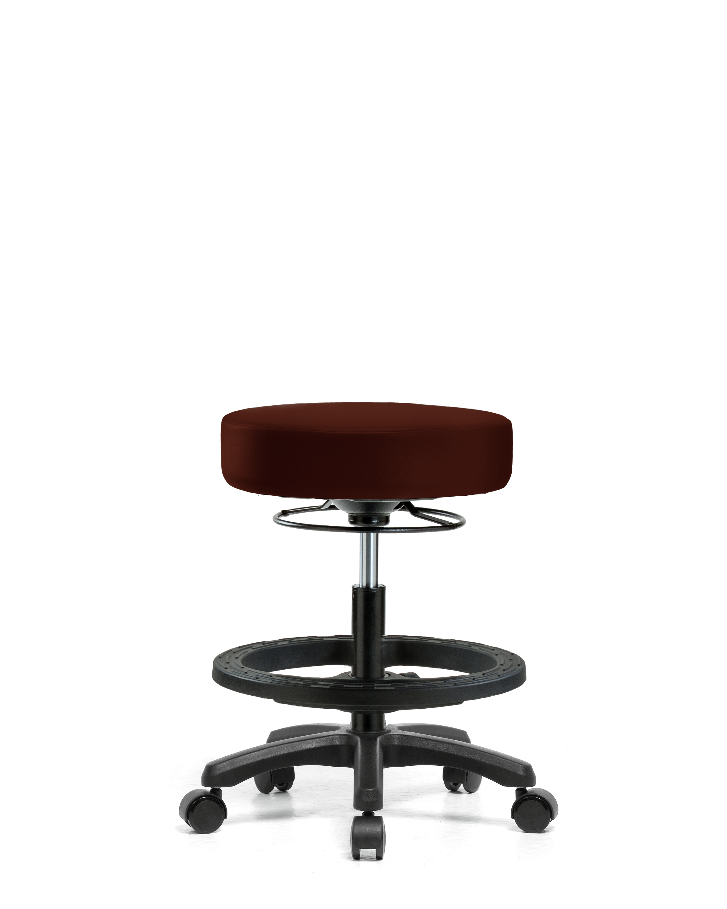 Vinyl Mini-Stool - Medium Bench Height with Black Foot Ring & Casters in Burgundy Trailblazer Vinyl