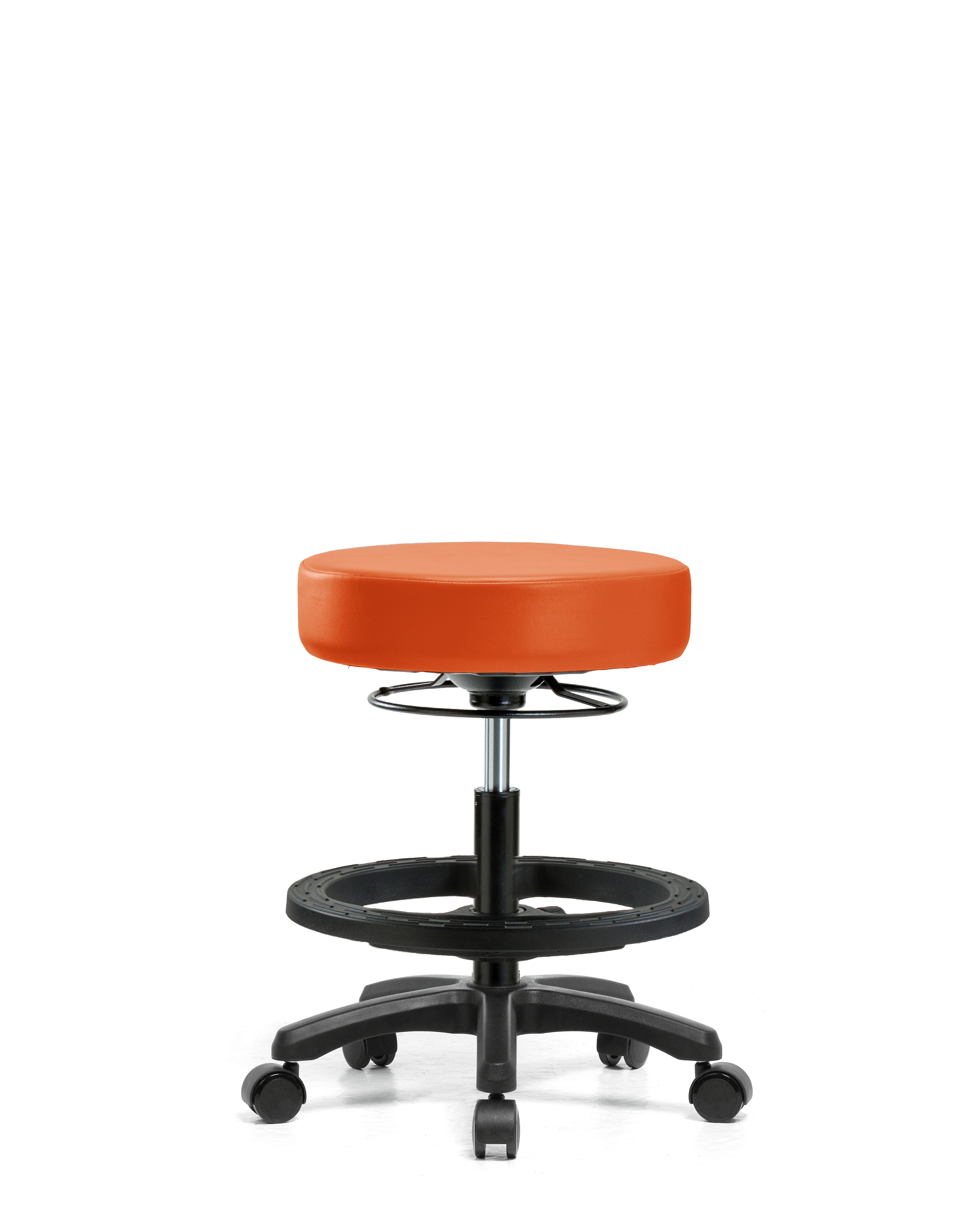 Vinyl Mini-Stool - Medium Bench Height with Black Foot Ring & Casters in Orange Kist Trailblazer Vinyl