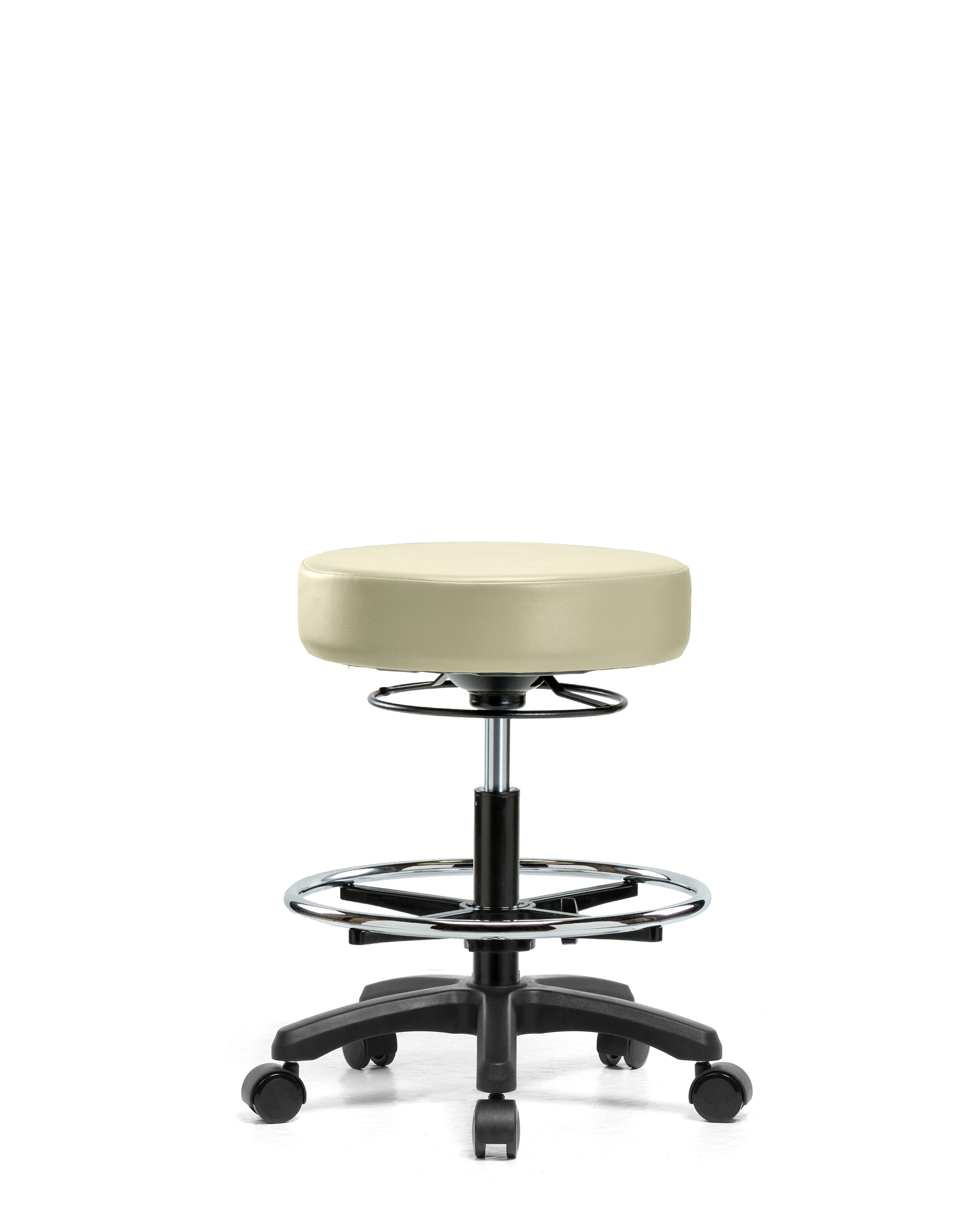 Vinyl Mini-Stool - Medium Bench Height with Chrome Foot Ring & Casters in Adobe White Trailblazer Vinyl