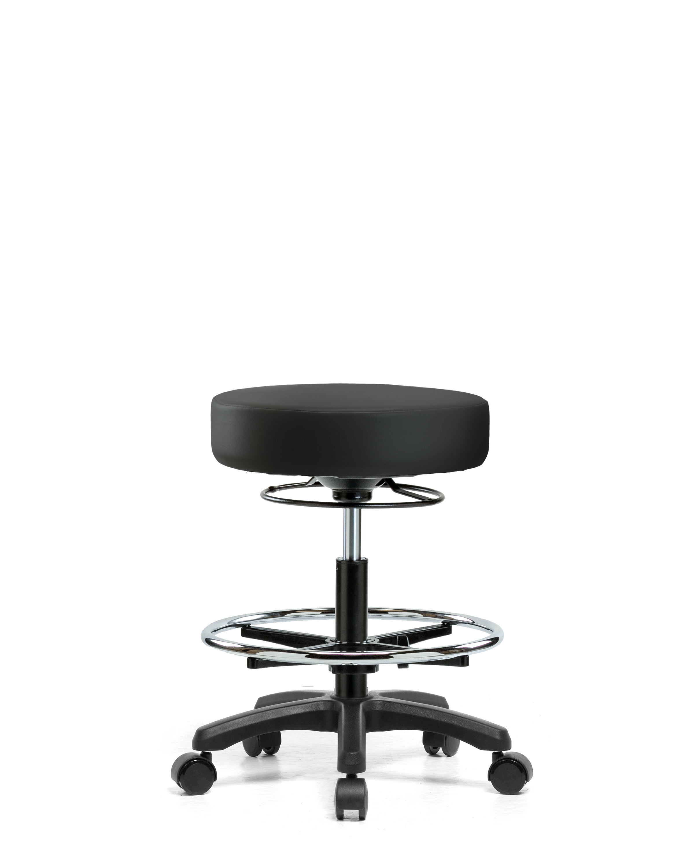 Vinyl Mini-Stool - Medium Bench Height with Chrome Foot Ring & Casters in Black Trailblazer Vinyl
