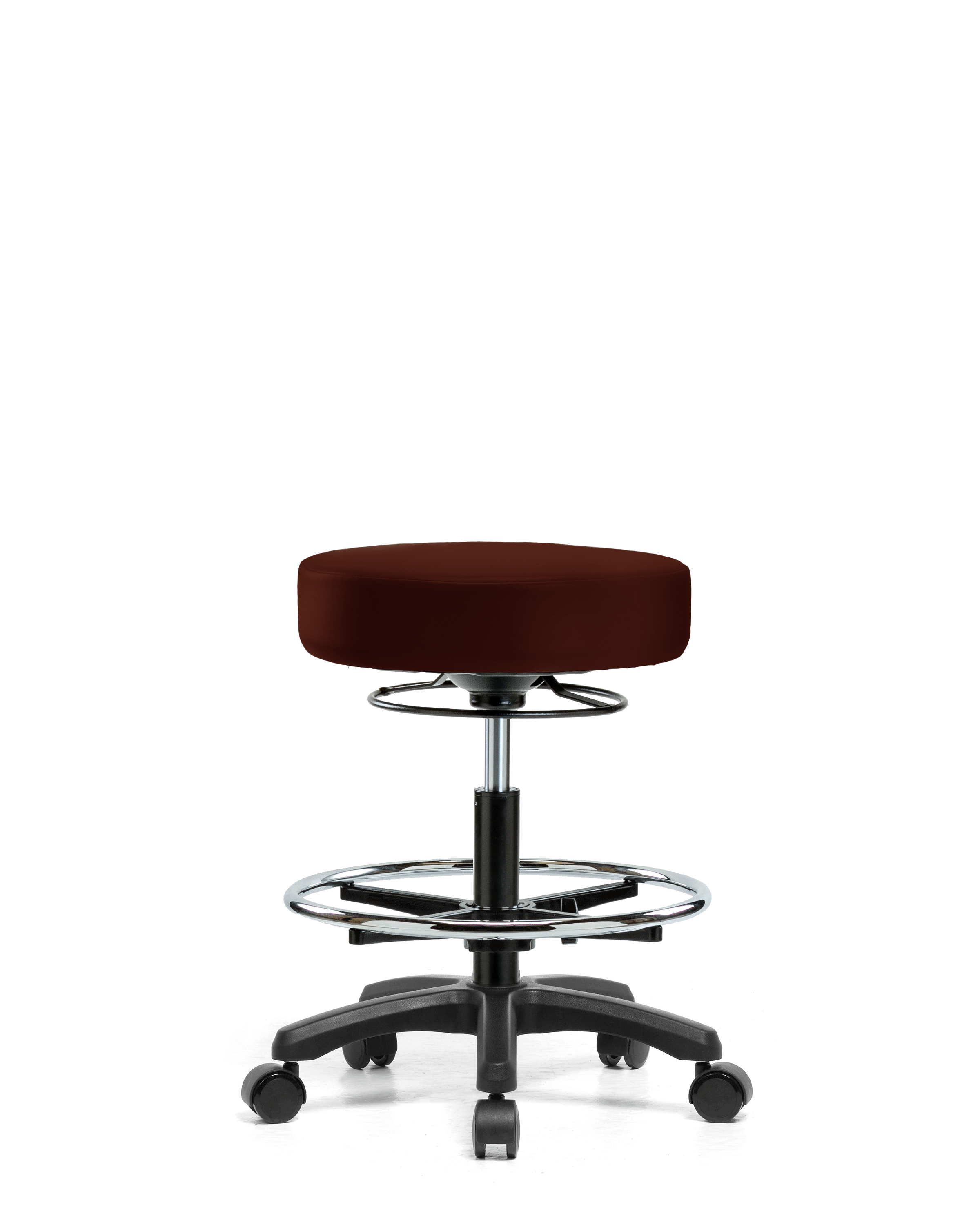 Vinyl Mini-Stool - Medium Bench Height with Chrome Foot Ring & Casters in Burgundy Trailblazer Vinyl