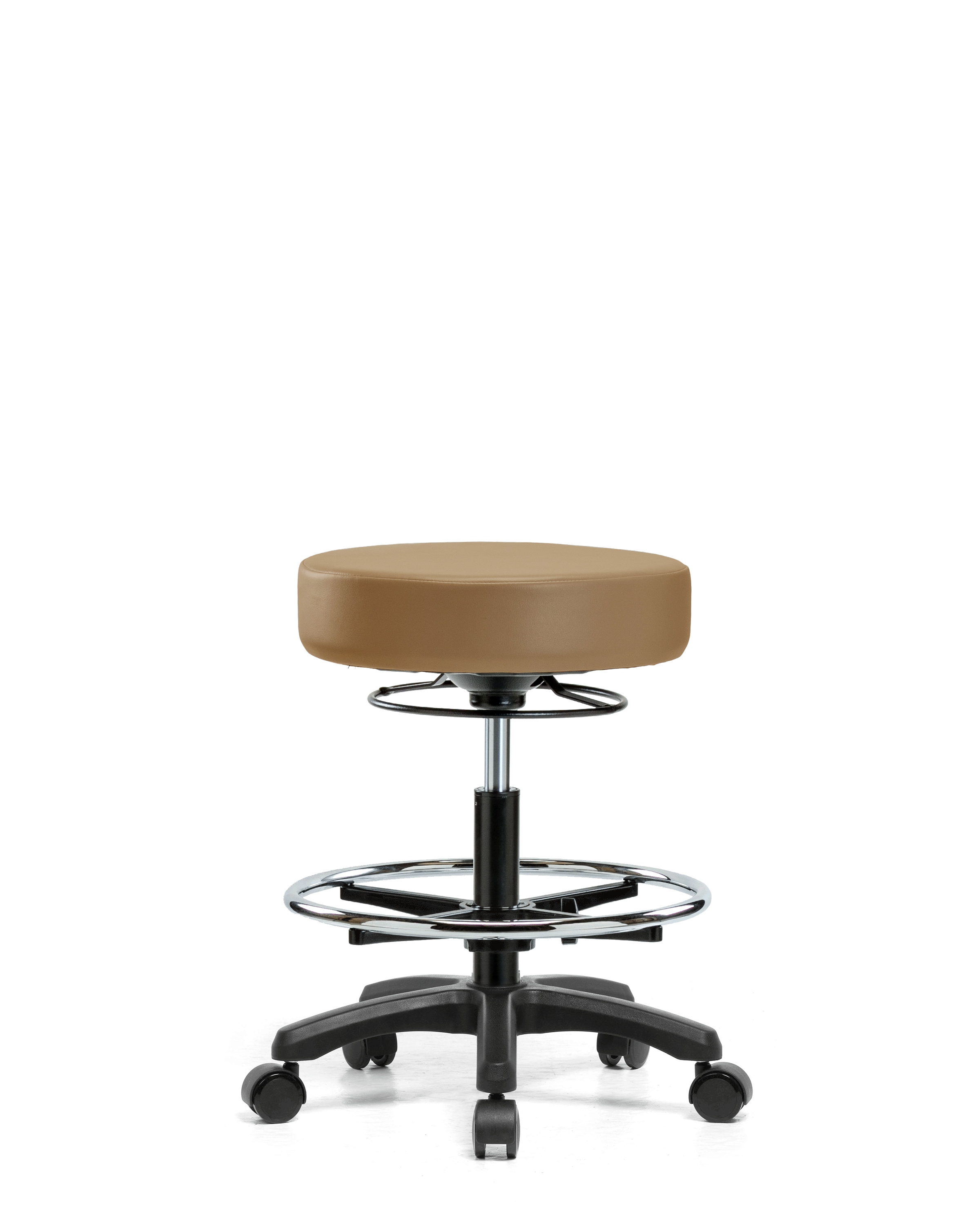 Vinyl Mini-Stool - Medium Bench Height with Chrome Foot Ring & Casters in Taupe Trailblazer Vinyl