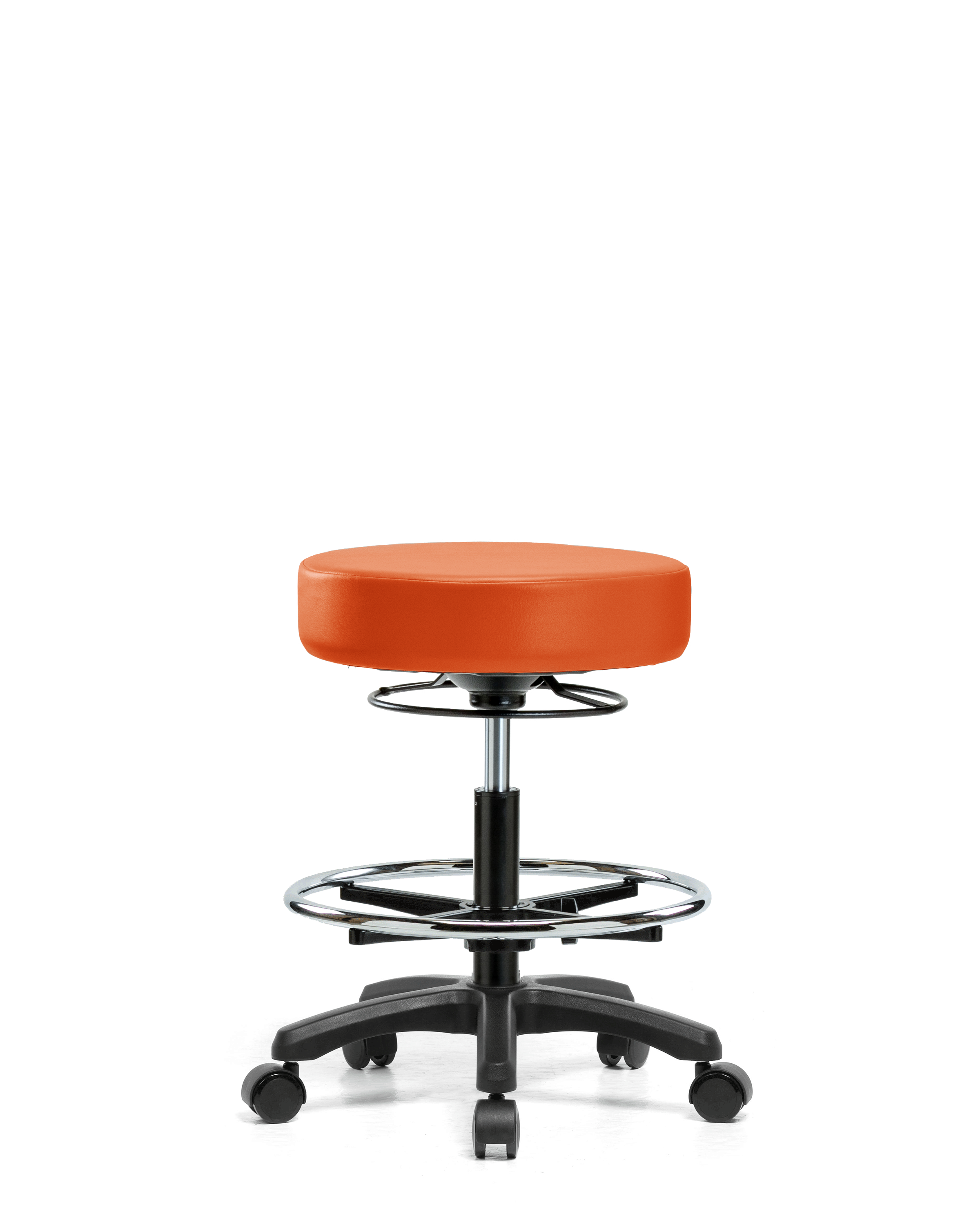 Vinyl Mini-Stool - Medium Bench Height with Chrome Foot Ring & Casters in Orange Kist Trailblazer Vinyl
