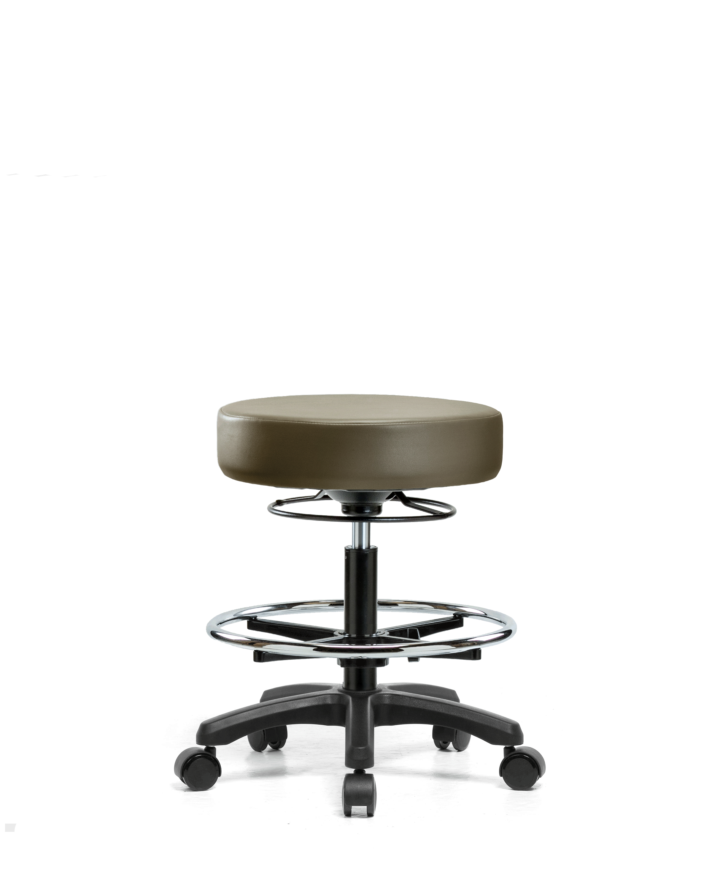 Vinyl Mini-Stool - Medium Bench Height with Chrome Foot Ring & Casters in Taupe Supernova Vinyl