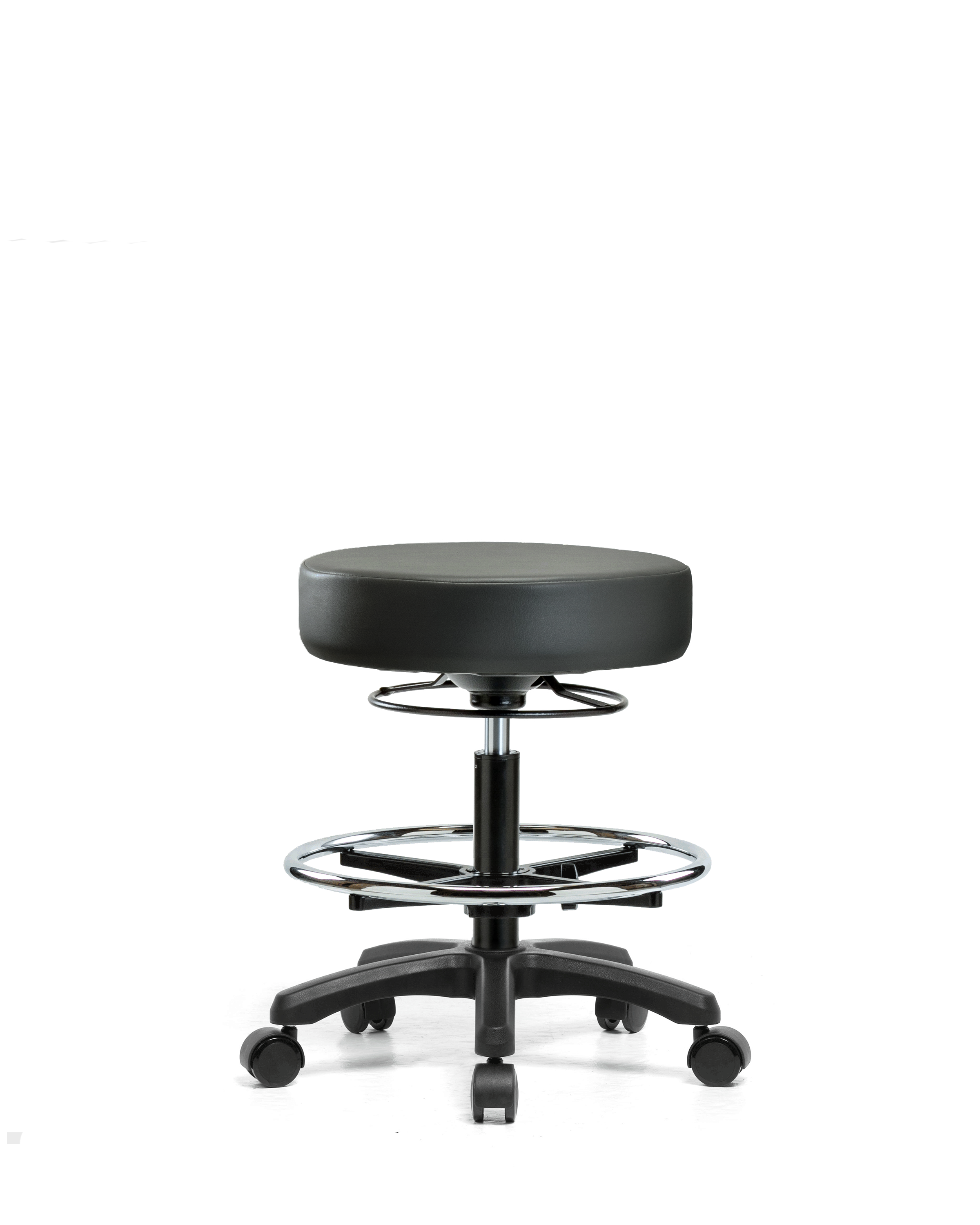Vinyl Mini-Stool - Medium Bench Height with Chrome Foot Ring & Casters in Carbon Supernova Vinyl