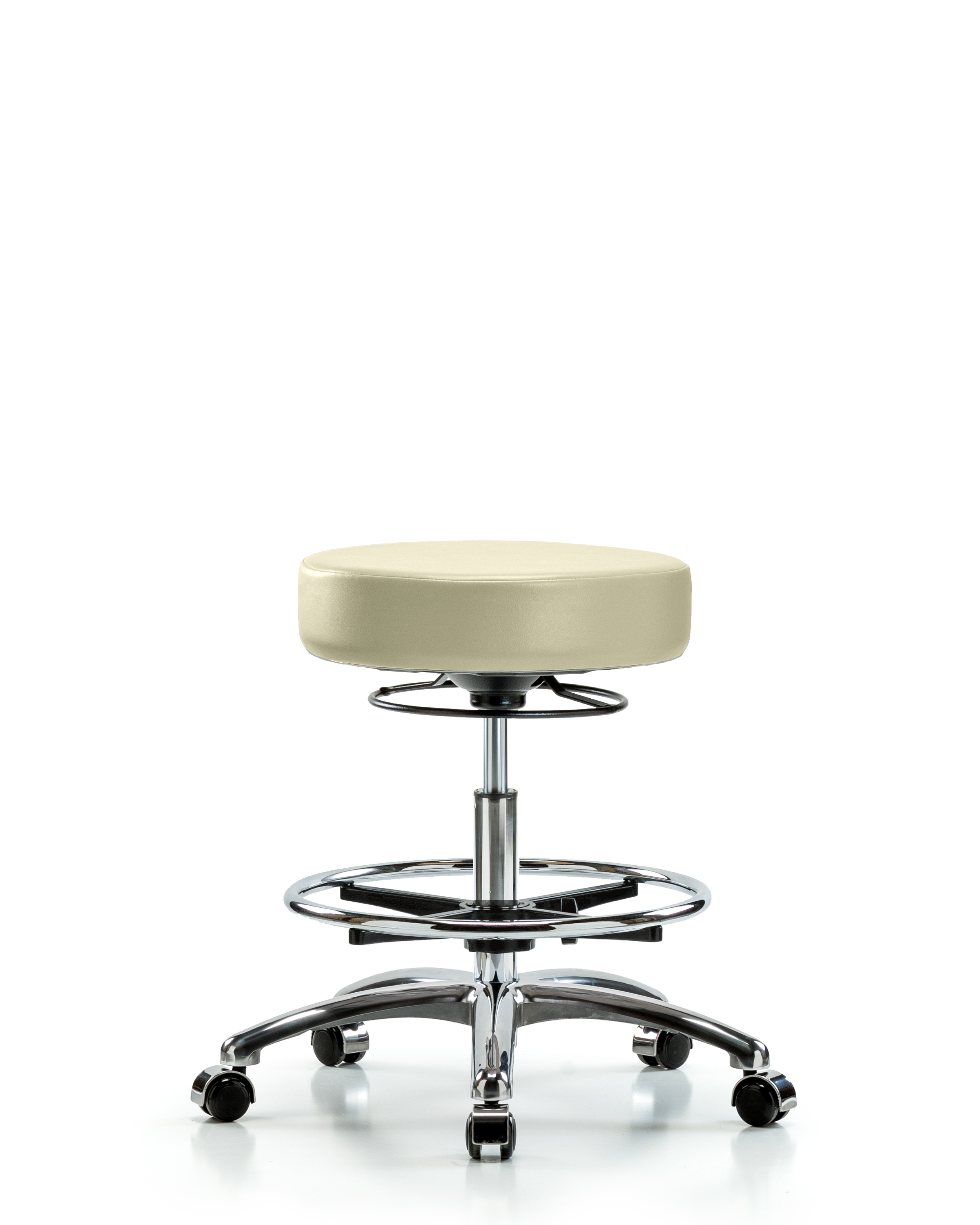 Rutledge Vinyl Stool without Back Chrome - Medium Bench Height with Chrome Foot Ring & Casters in Adobe White Trailblazer Vinyl