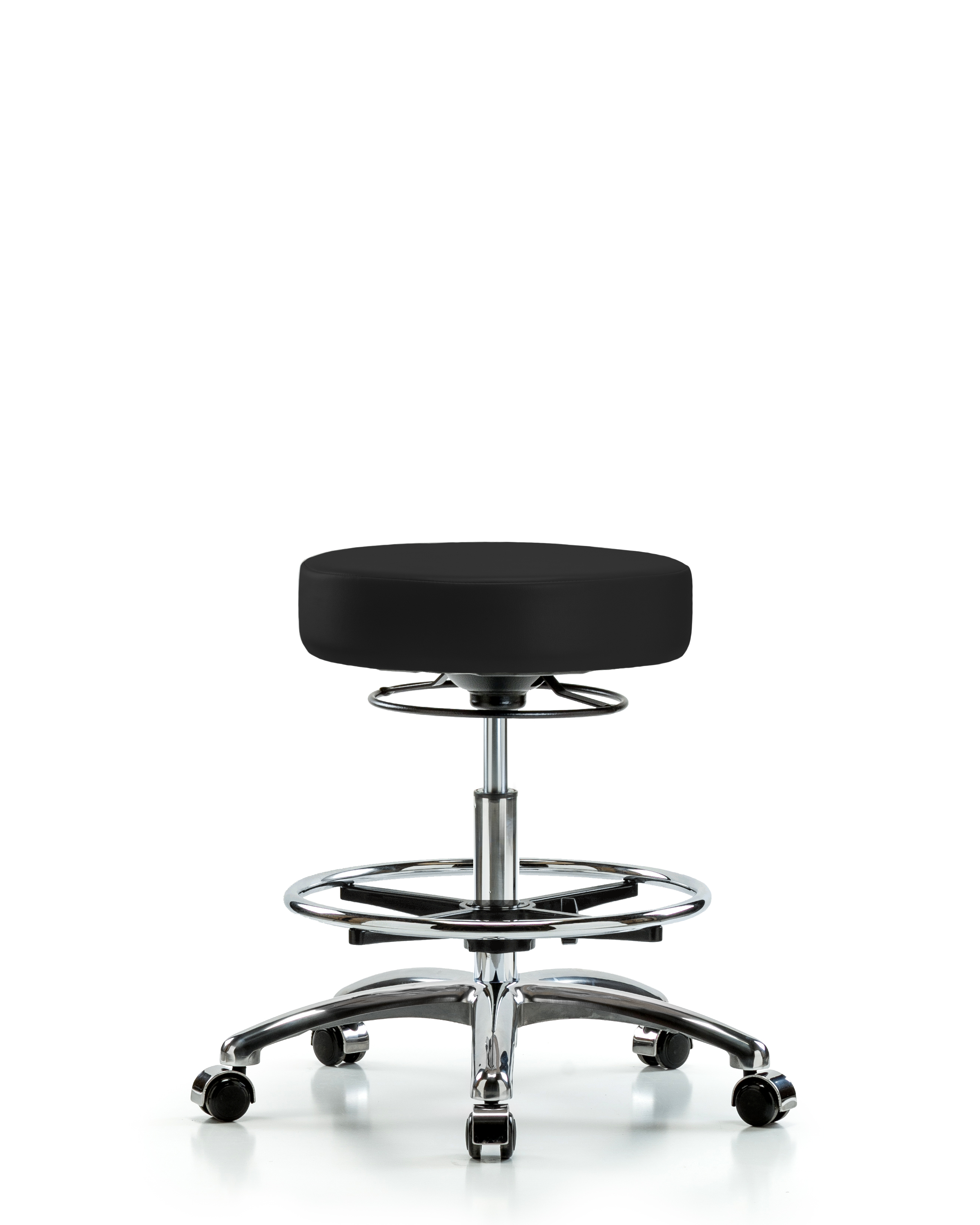 Rutledge Vinyl Stool without Back Chrome - Medium Bench Height with Chrome Foot Ring & Casters in Black Trailblazer Vinyl
