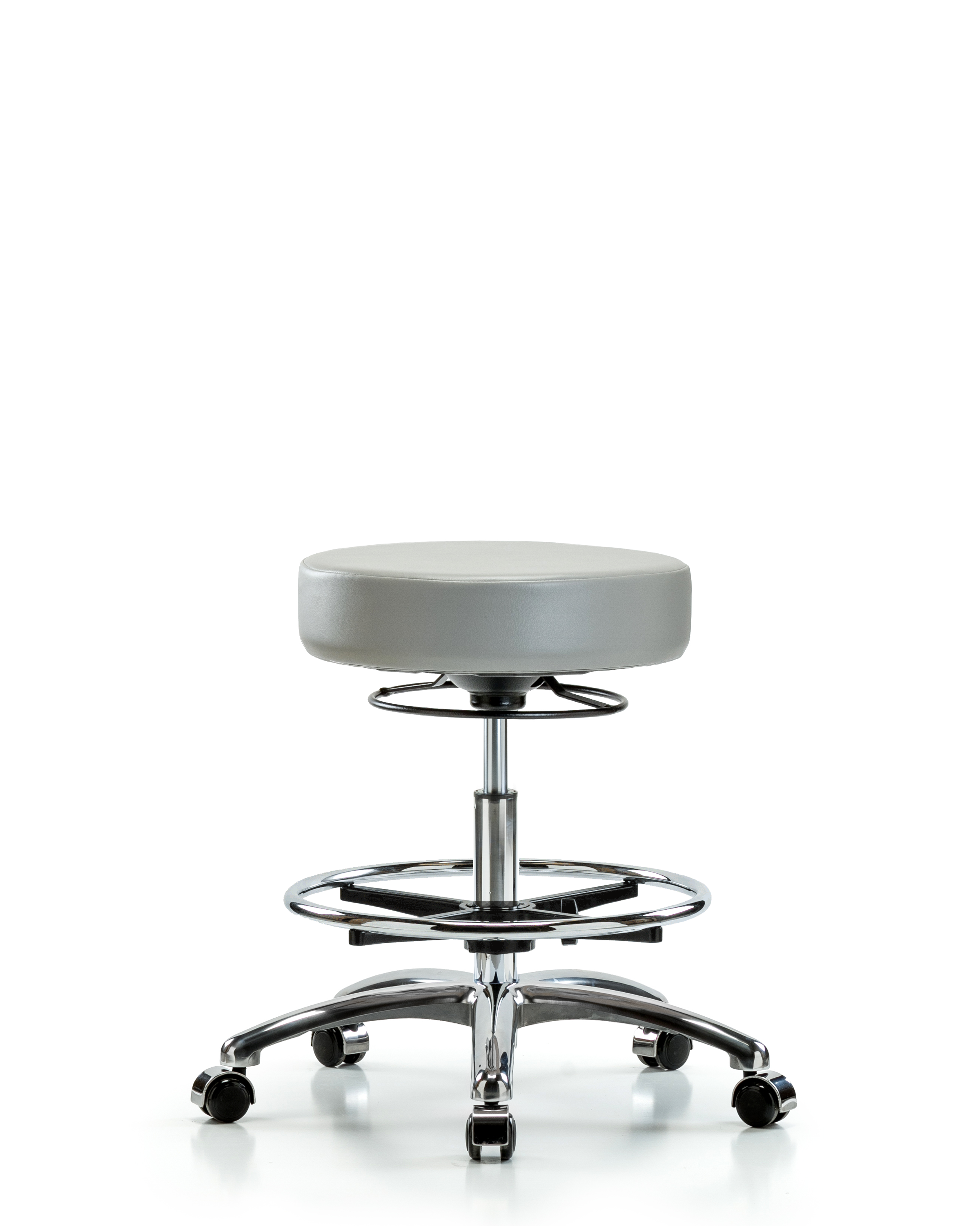 Rutledge Vinyl Stool without Back Chrome - Medium Bench Height with Chrome Foot Ring & Casters in Dove Trailblazer Vinyl