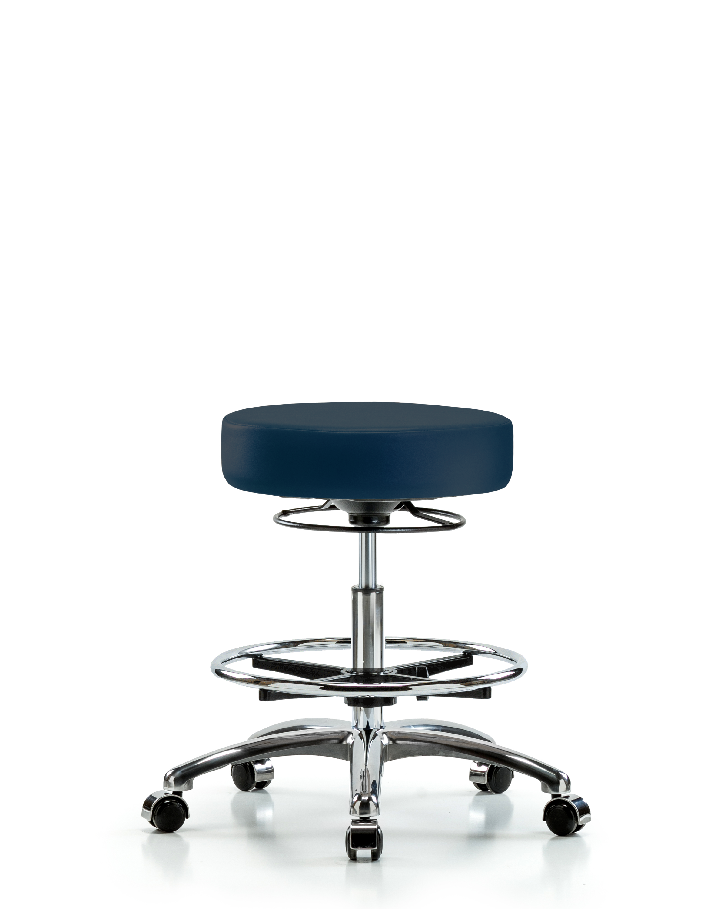 Rutledge Vinyl Stool without Back Chrome - Medium Bench Height with Chrome Foot Ring & Casters in Imperial Blue Trailblazer Vinyl