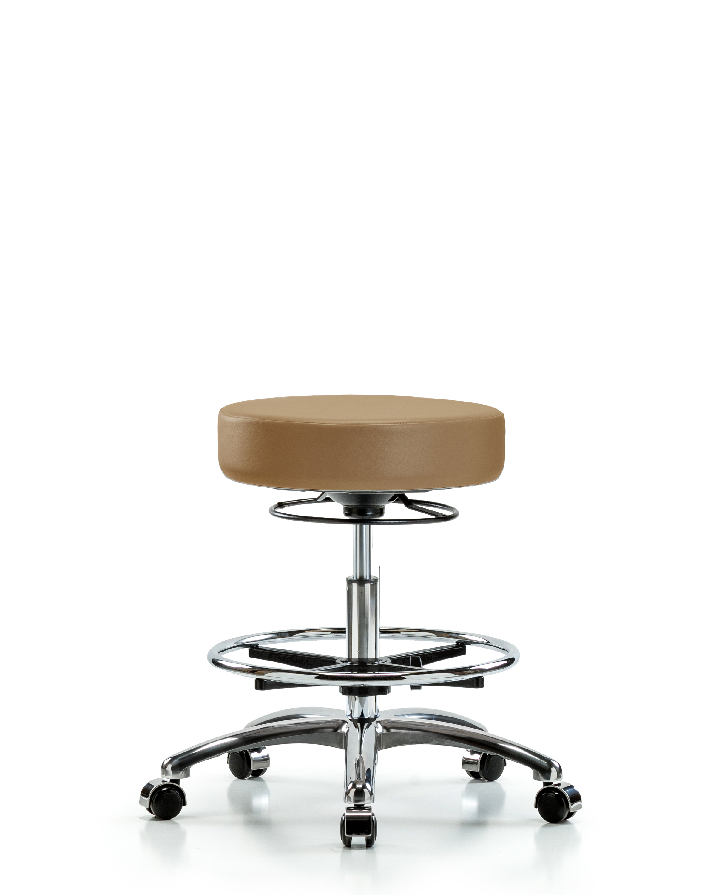 Rutledge Vinyl Stool without Back Chrome - Medium Bench Height with Chrome Foot Ring & Casters in Taupe Trailblazer Vinyl