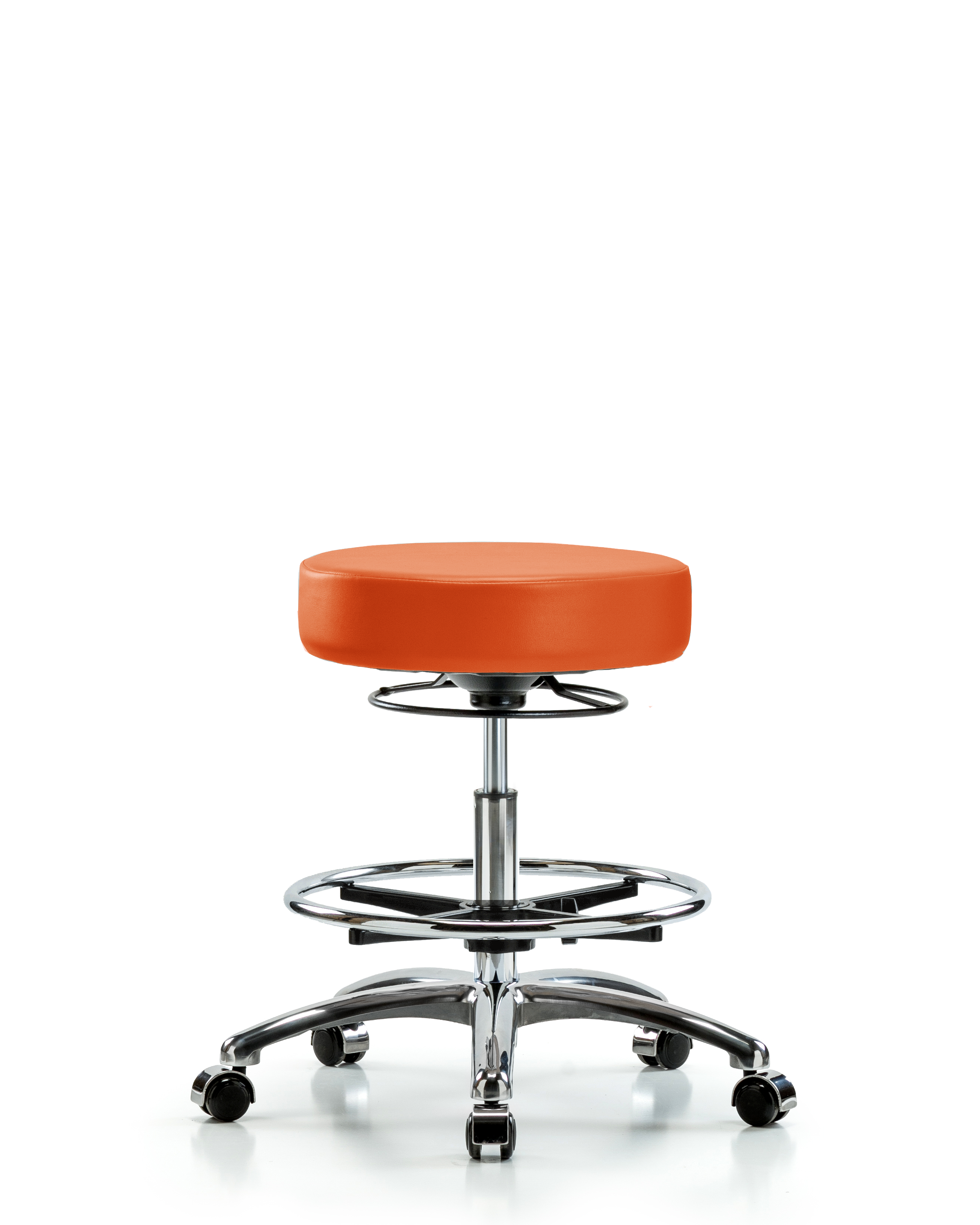 Rutledge Vinyl Stool without Back Chrome - Medium Bench Height with Chrome Foot Ring & Casters in Orange Kist Trailblazer Vinyl