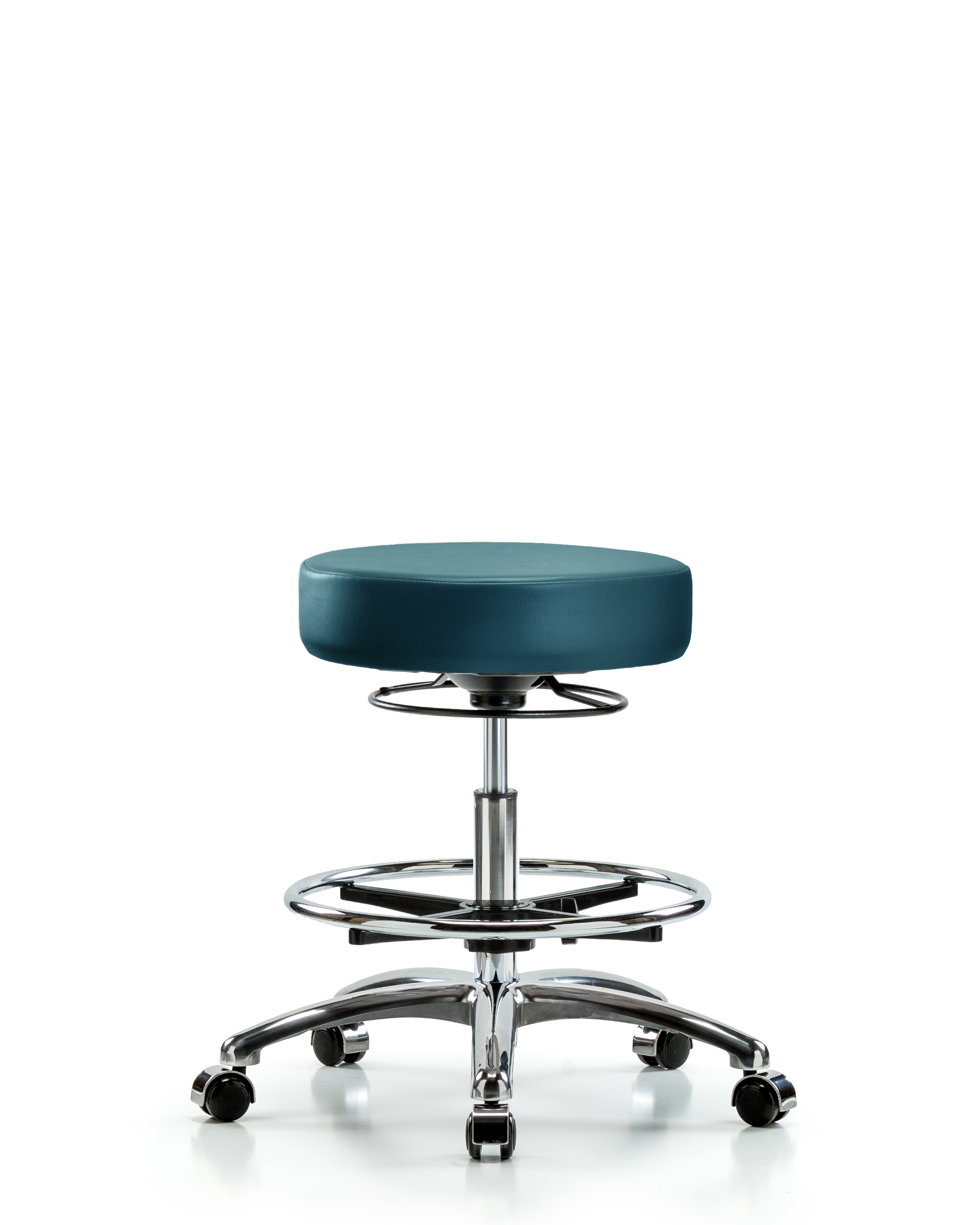 Rutledge Vinyl Stool without Back Chrome - Medium Bench Height with Chrome Foot Ring & Casters in Marine Blue Supernova Vinyl