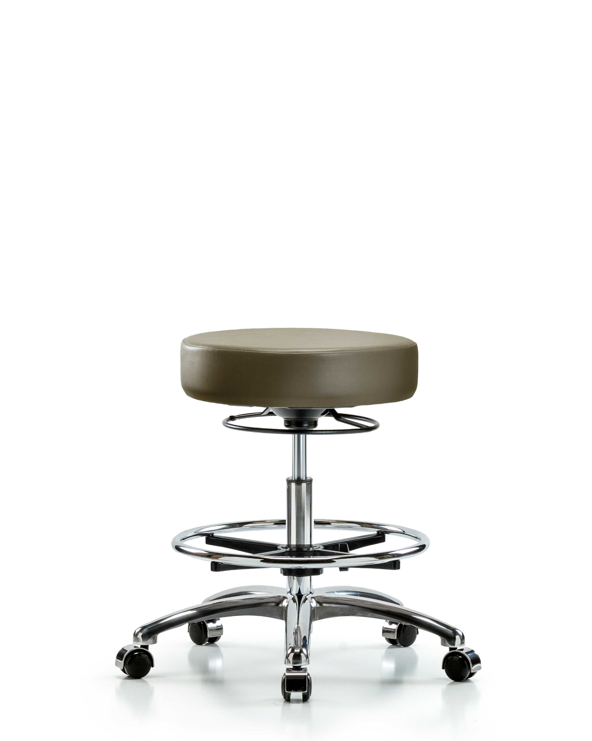 Rutledge Vinyl Stool without Back Chrome - Medium Bench Height with Chrome Foot Ring & Casters in Taupe Supernova Vinyl