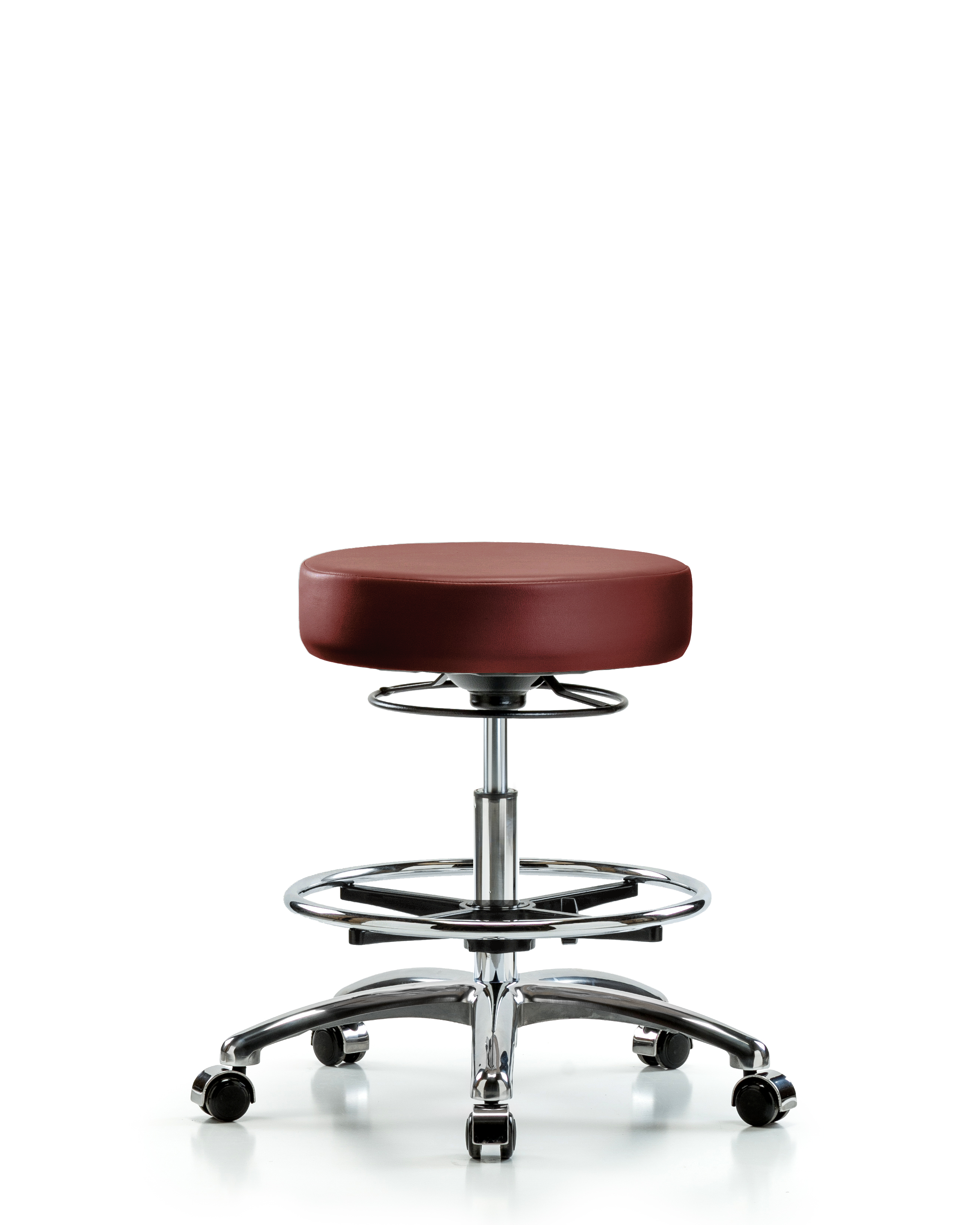 Rutledge Vinyl Stool without Back Chrome - Medium Bench Height with Chrome Foot Ring & Casters in Borscht Supernova Vinyl
