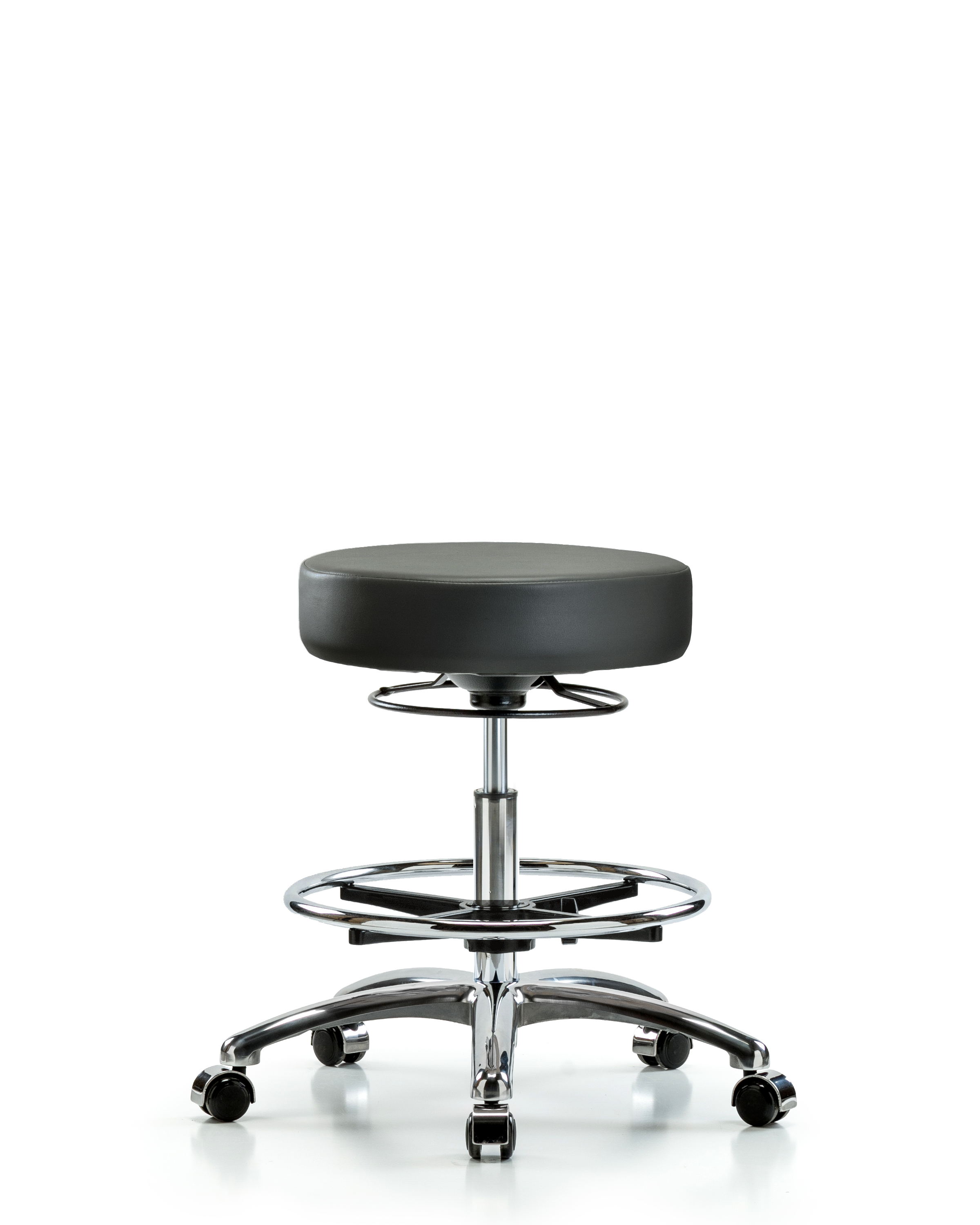 Rutledge Vinyl Stool without Back Chrome - Medium Bench Height with Chrome Foot Ring & Casters in Carbon Supernova Vinyl