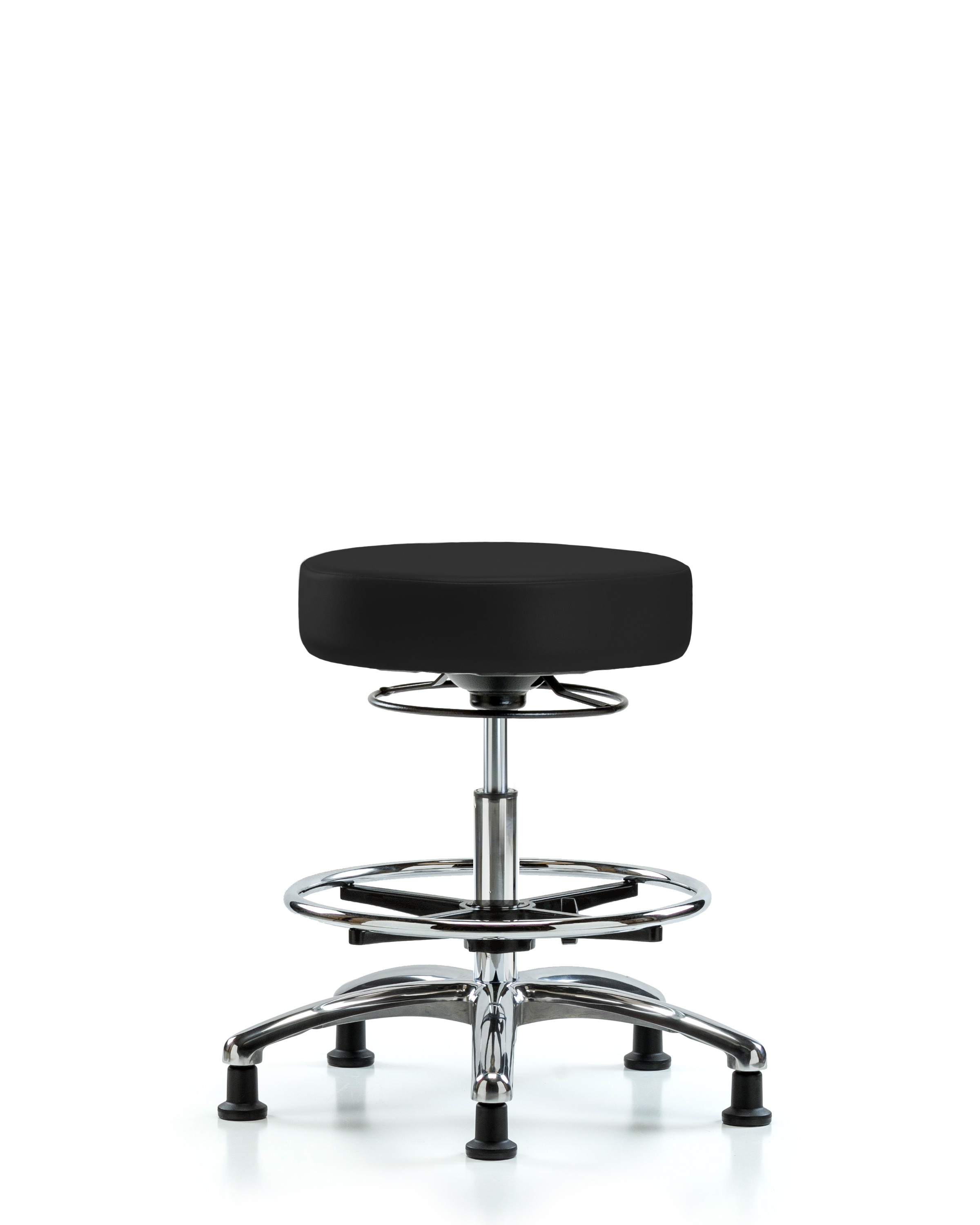 Rutledge Vinyl Stool without Back Chrome - Medium Bench Height with Chrome Foot Ring & Stationary Glides in Black Trailblazer Vinyl
