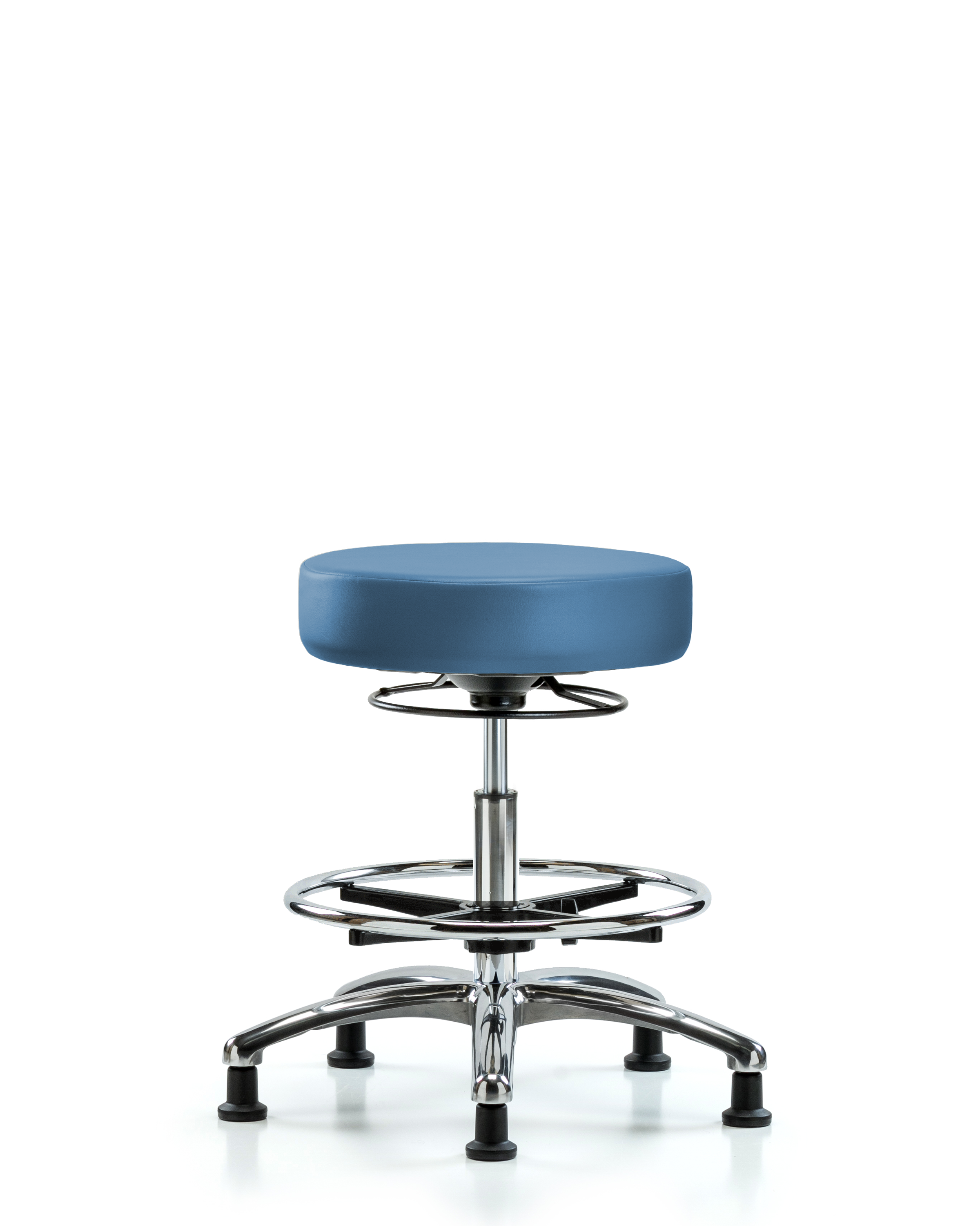 Rutledge Vinyl Stool without Back Chrome - Medium Bench Height with Chrome Foot Ring & Stationary Glides in Colonial Blue Trailblazer Vinyl