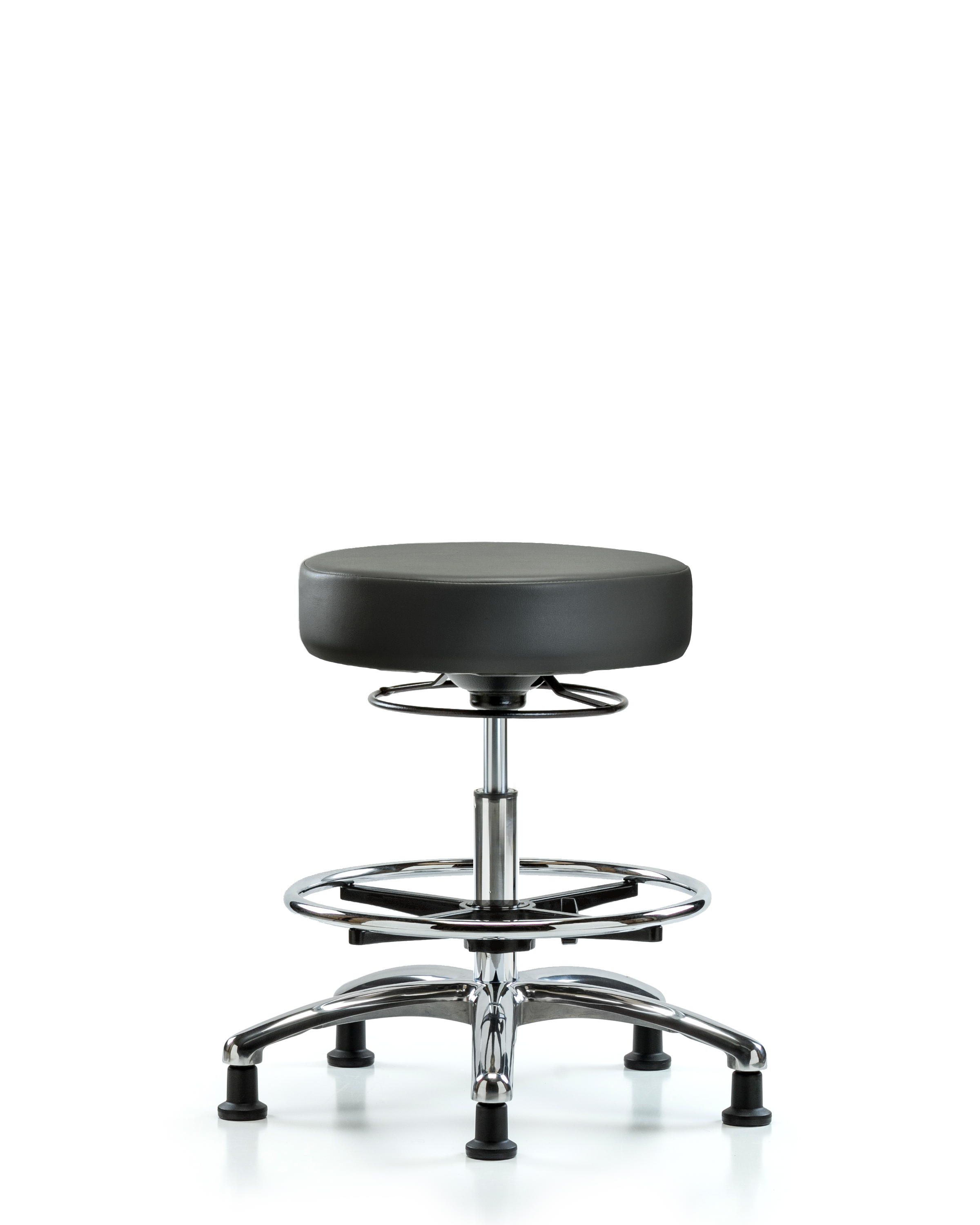 Rutledge Vinyl Stool without Back Chrome - Medium Bench Height with Chrome Foot Ring & Stationary Glides in Carbon Supernova Vinyl