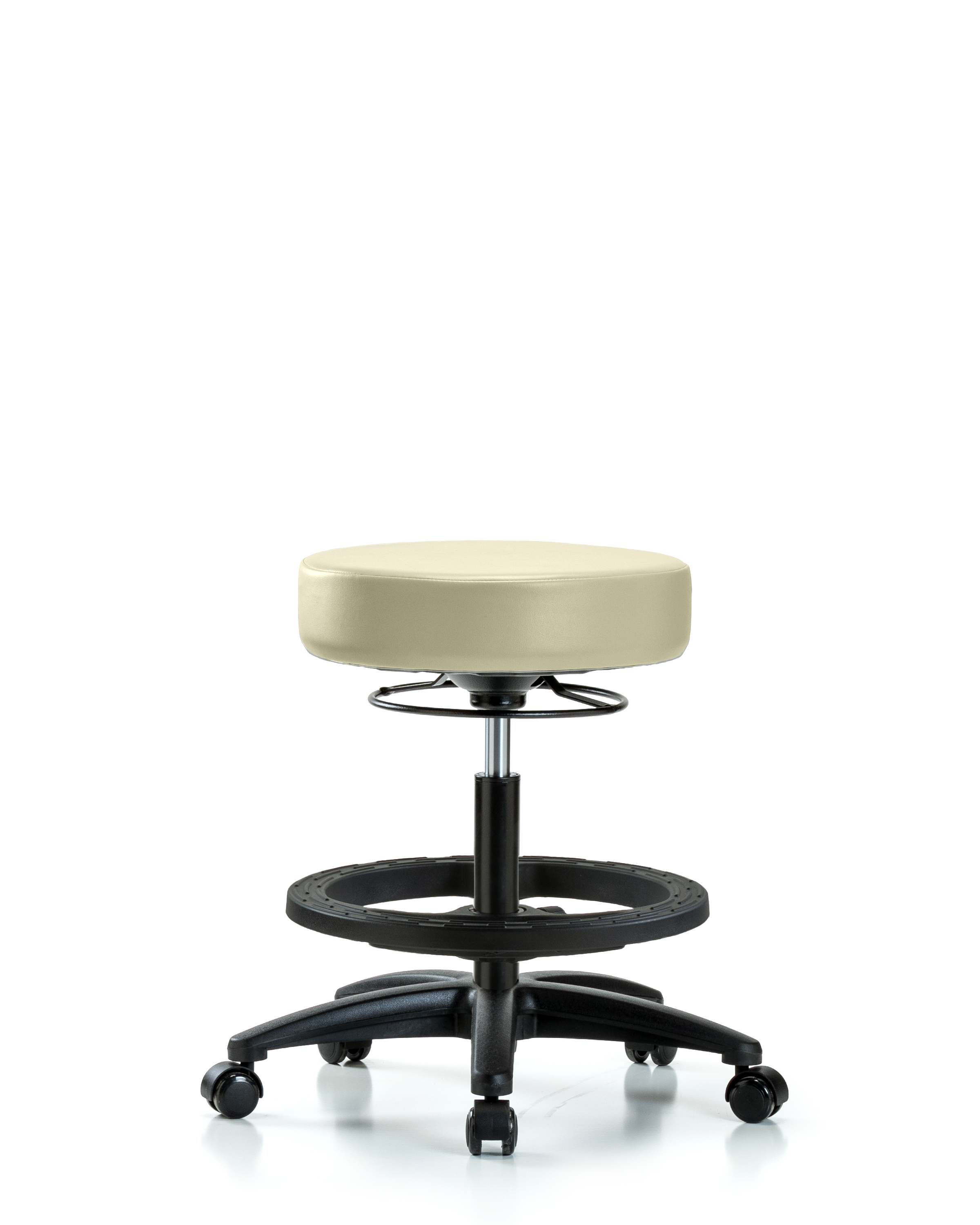 Rutledge Vinyl Stool without Back - Medium Bench Height with Black Foot Ring & Casters in Adobe White Trailblazer Vinyl