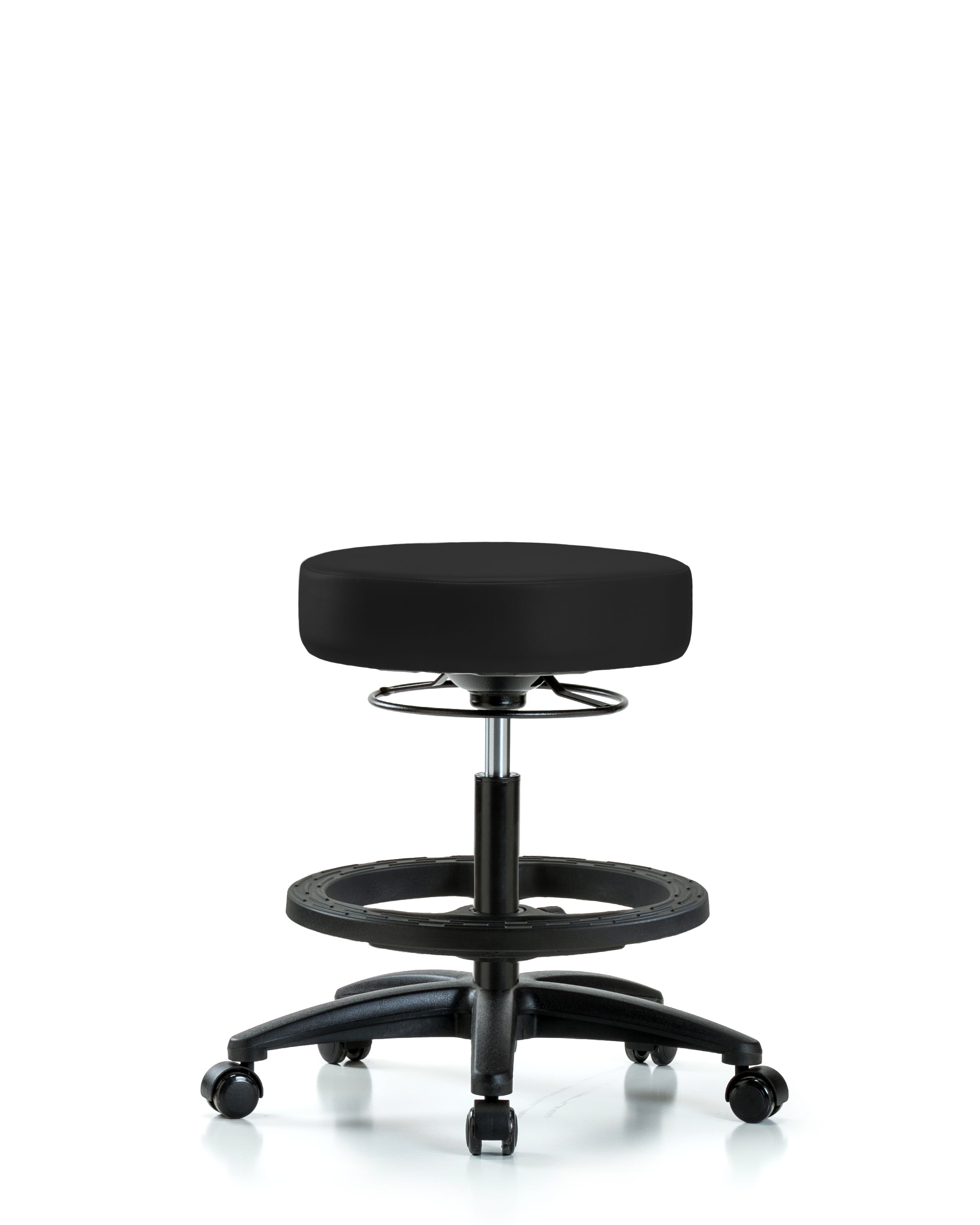 Rutledge Vinyl Stool without Back - Medium Bench Height with Black Foot Ring & Casters in Black Trailblazer Vinyl