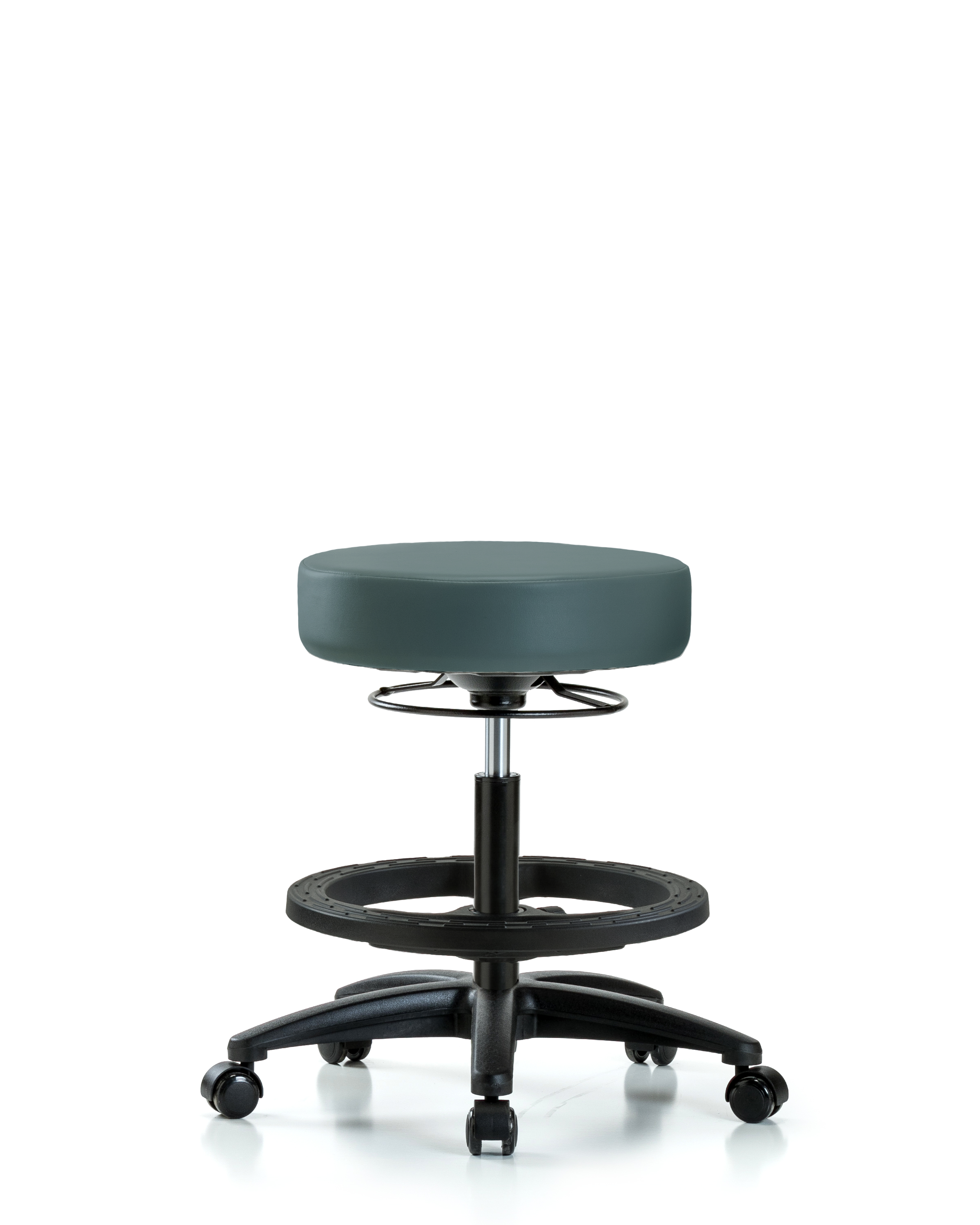 Rutledge Vinyl Stool without Back - Medium Bench Height with Black Foot Ring & Casters in Colonial Blue Trailblazer Vinyl