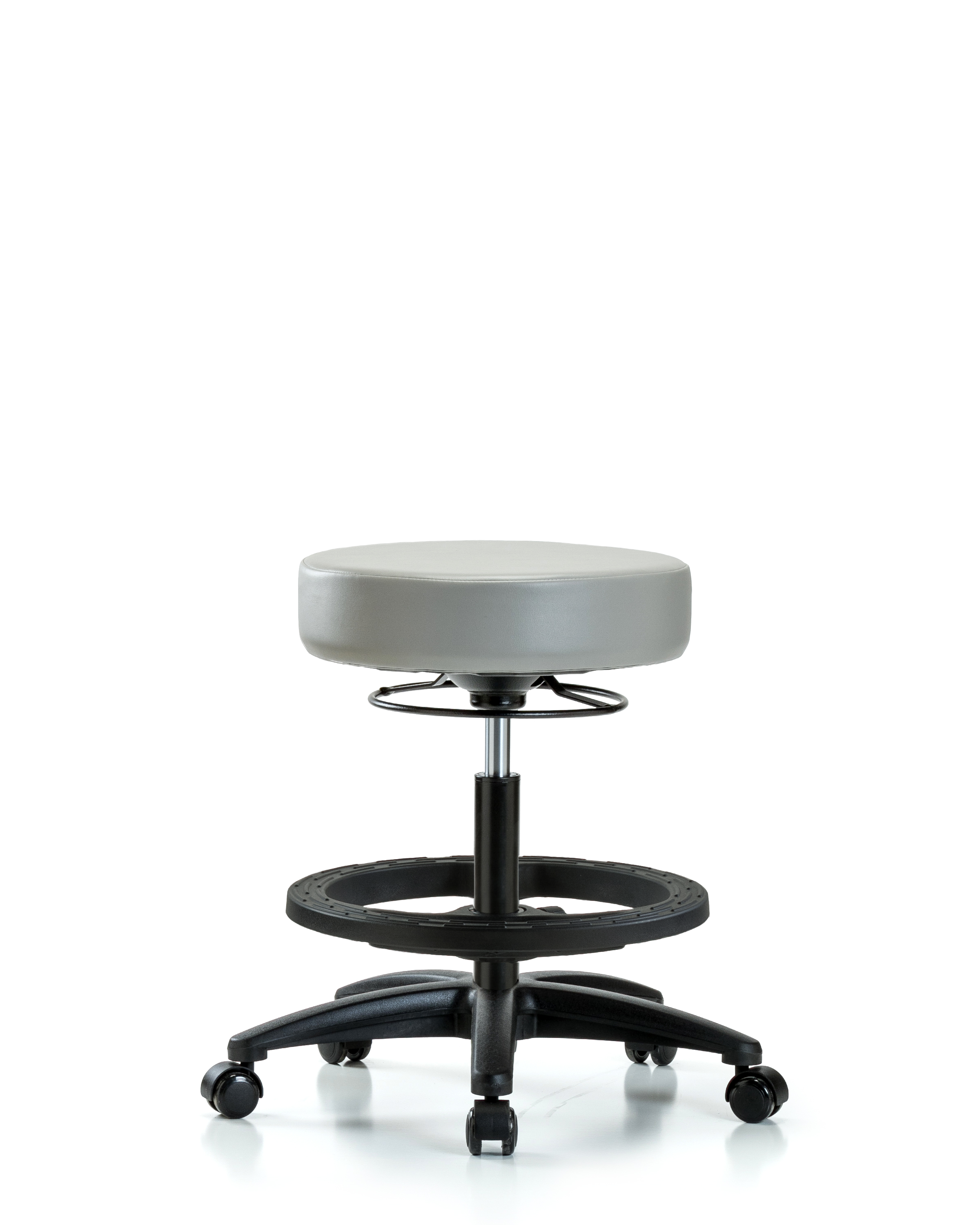 Rutledge Vinyl Stool without Back - Medium Bench Height with Black Foot Ring & Casters in Dove Trailblazer Vinyl