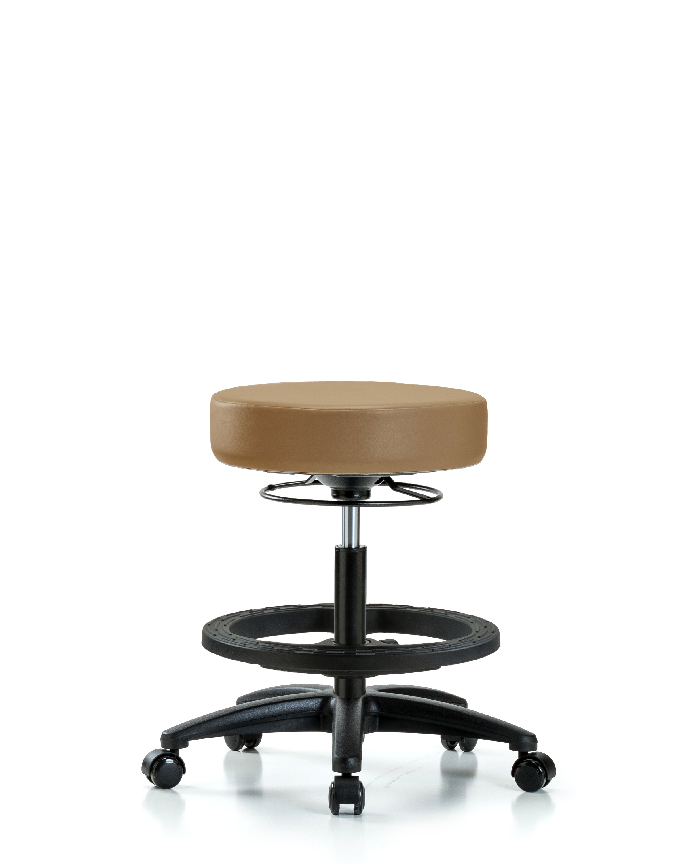 Rutledge Vinyl Stool without Back - Medium Bench Height with Black Foot Ring & Casters in Taupe Trailblazer Vinyl