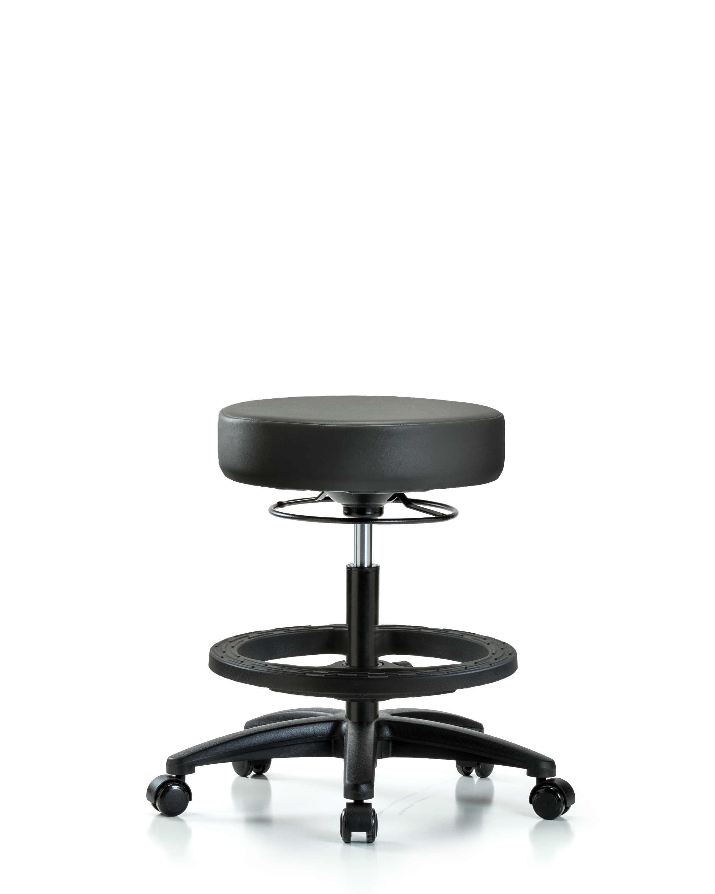 Rutledge Vinyl Stool without Back - Medium Bench Height with Black Foot Ring & Casters in Carbon Supernova Vinyl