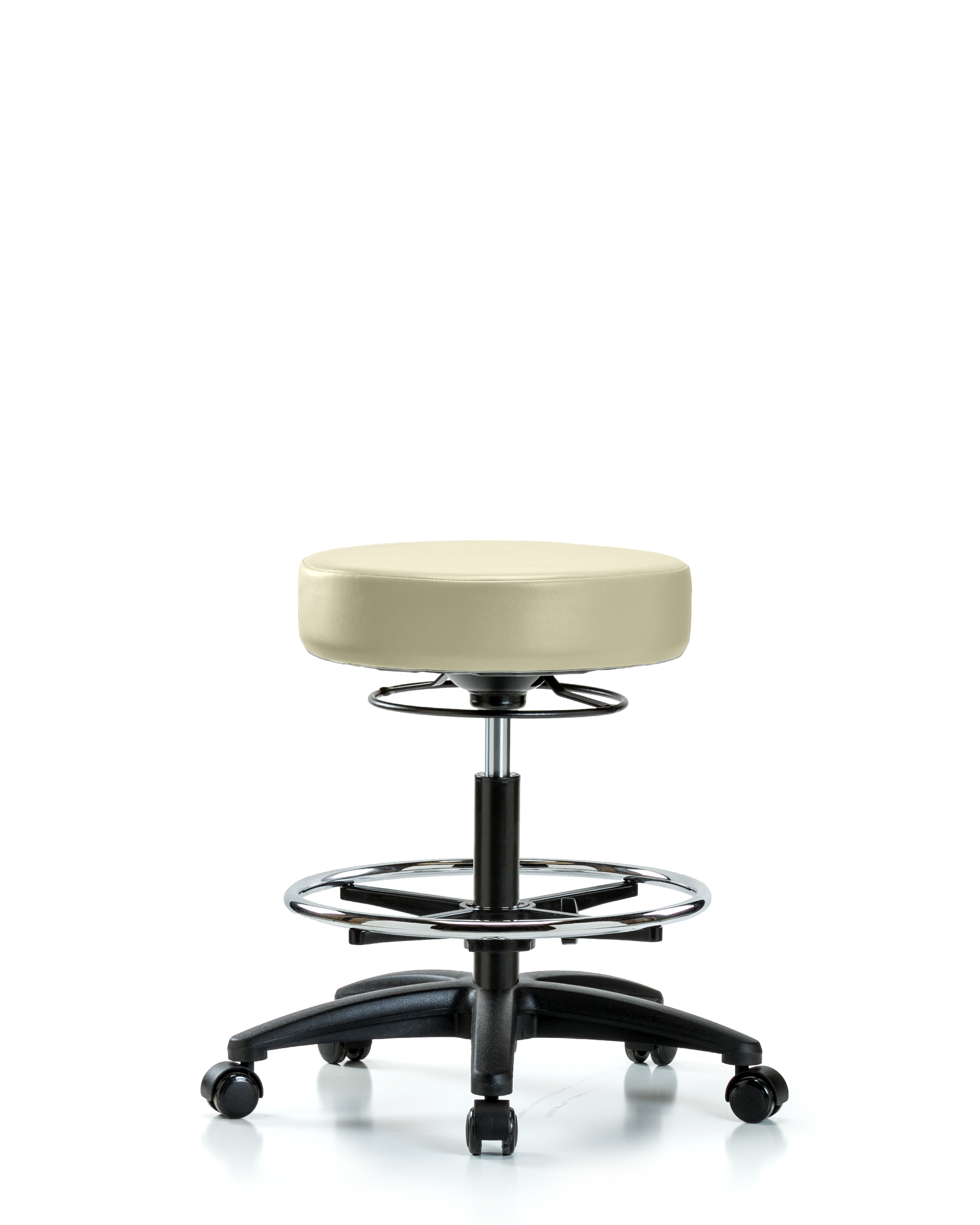 Rutledge Vinyl Stool without Back - Medium Bench Height with Chrome Foot Ring & Casters in Adobe White Trailblazer Vinyl