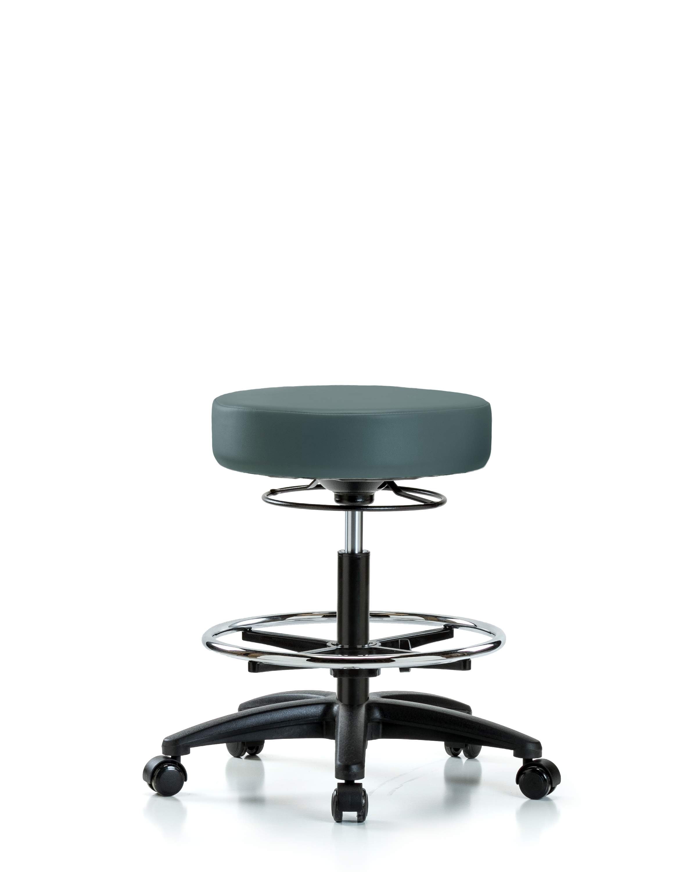 Rutledge Vinyl Stool without Back - Medium Bench Height with Chrome Foot Ring & Casters in Colonial Blue Trailblazer Vinyl