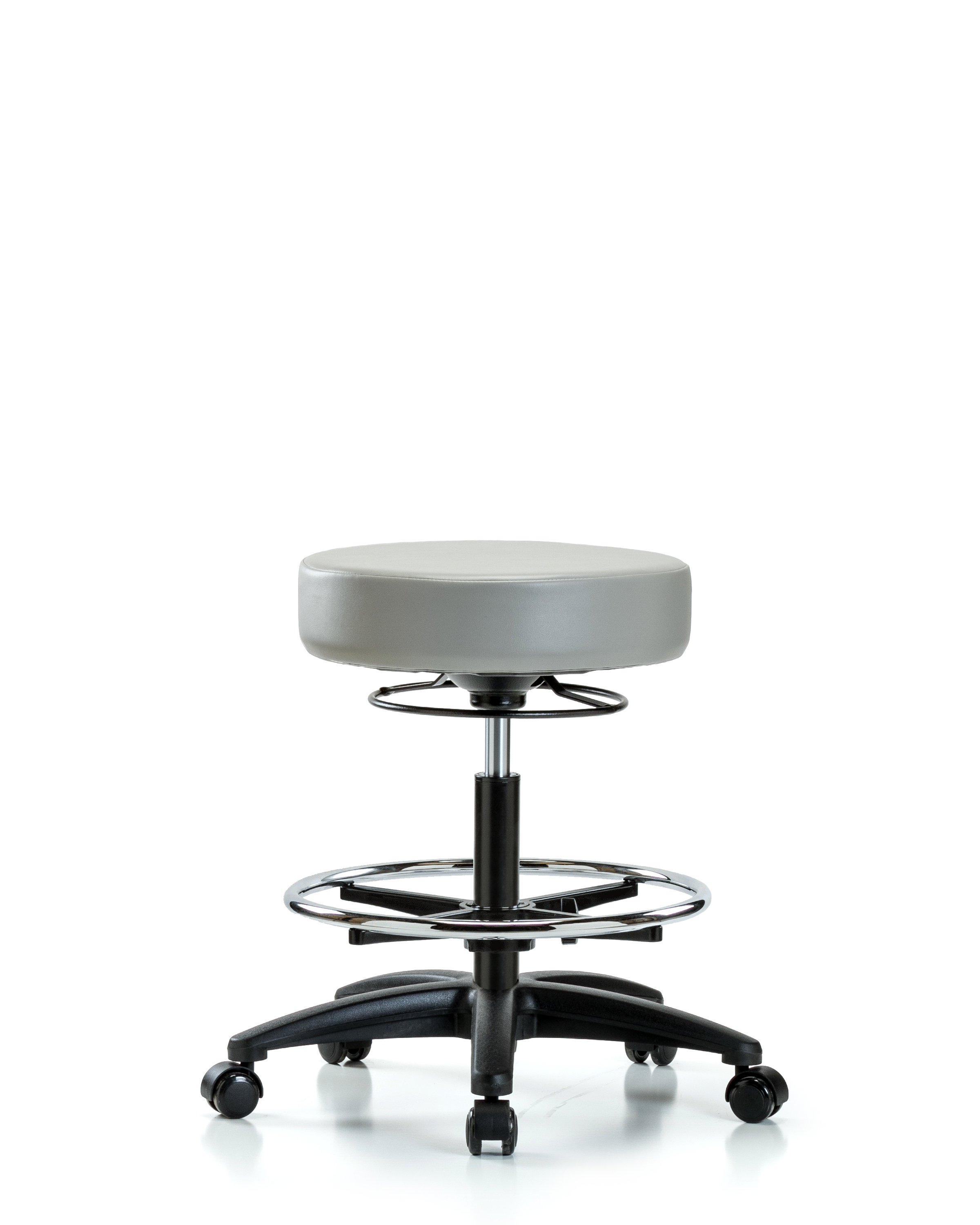 Rutledge Vinyl Stool without Back - Medium Bench Height with Chrome Foot Ring & Casters in Dove Trailblazer Vinyl